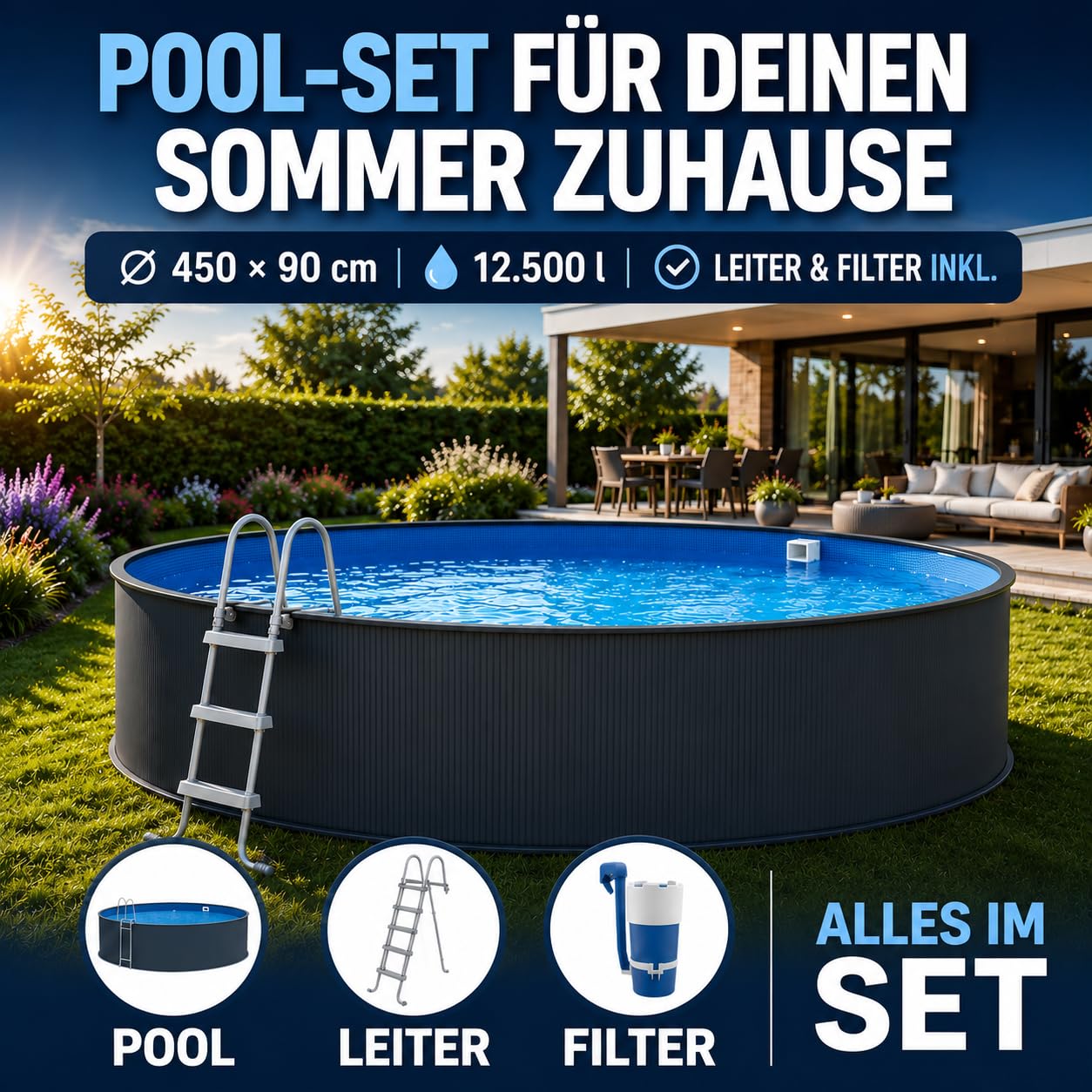 poolomio Stahlwandpool Set rund Ø 450 x 90 cm anthrazit 12.500 l mit Leiter | Komplettset mit Sicherheitsleiter, Kartuschenfilter & PVC-Innenfolie – Made in Europe nach EN 16562-1, einfacher DIY-Aufbau