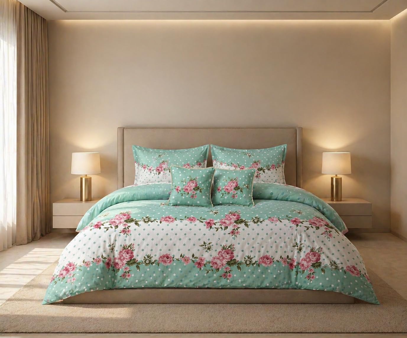 320 TC Glace Cotton King Size Ac Comforter Set 6 Piece Bedding Set with 1 Bedsheet (90x100 Inch), 2 Pillow Covers With 2 Filled Cushion, Ultra Soft Printed AC Quilt/Blanket/Duvet (Dot Green)