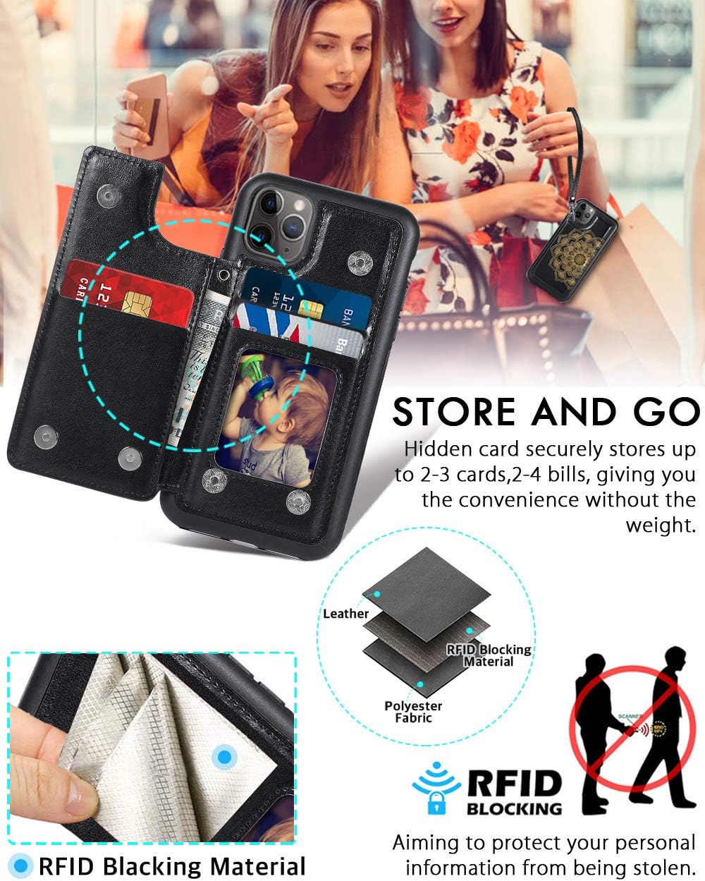 CASEOWL iPhone 11 Pro Max Case,Wallet Case with Card Holder,RFID Blocking,Kick Stand,Wrist Strap,Fit Magnetic Car Mount,Mandala Embossed Leather Back Flip Cover Case for iPhone 11 Pro Max(2019),Black