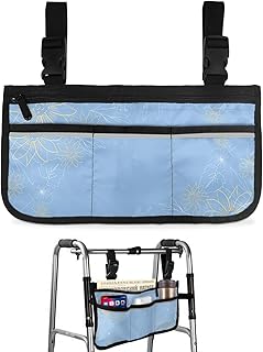 Line Flowers Wheelchair Side Bag Walker Bag, Simple Botanical Floral Blue Wheelchair Accessories Armrest Pouch, Organizer Storage Bag for Walkers, Rollators, Scooters, 7.3'x13'