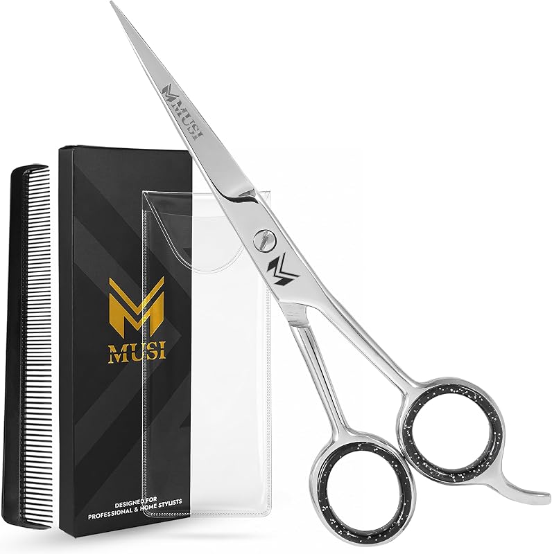Tesoura para corte de cabelo MUSI Silver, 16,51 cm, aço inoxidável japonês 420, com estojo