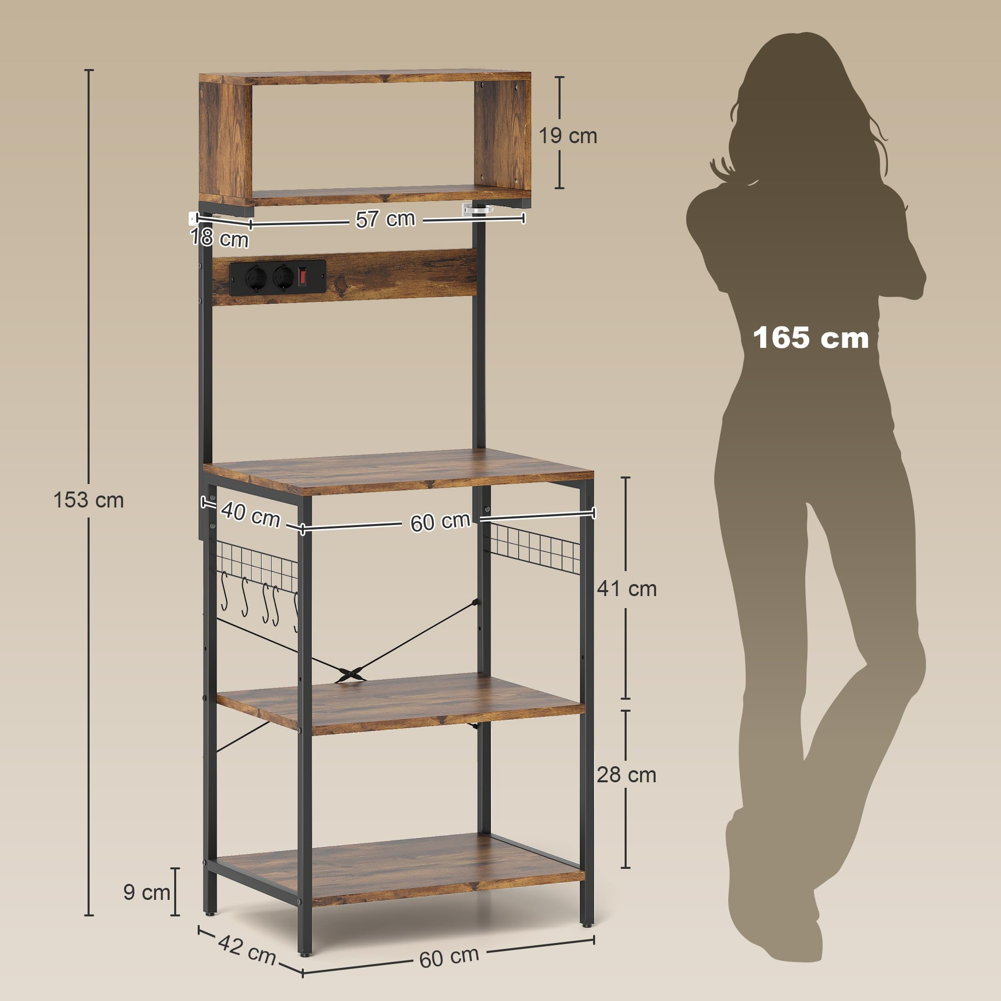 HOMCOM Étagère de Cuisine, étagère sur Pied avec 5 Crochets en S, 5 étagères, Prise de Courant, Bar à café avec entretoises en X, étagère de Boulangerie en Acier pour Cuisine, Salle à Manger, Marron