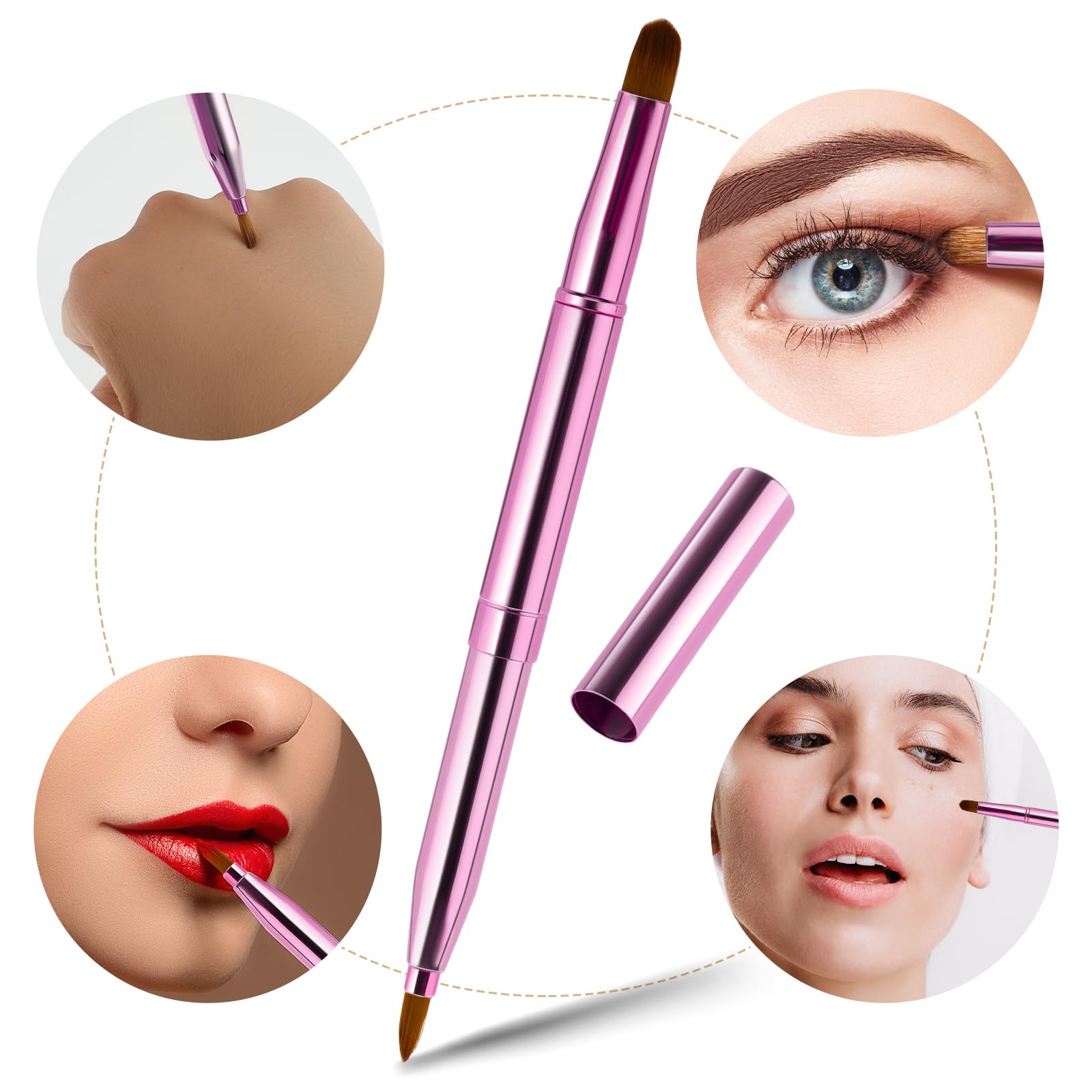 Pinceau de maquillage rétractable portable à double extrémité pour rouge à lèvres brillant pinceaux de maquillage anti-cernes pinceaux contour des lèvres outil de maquillage (rose)