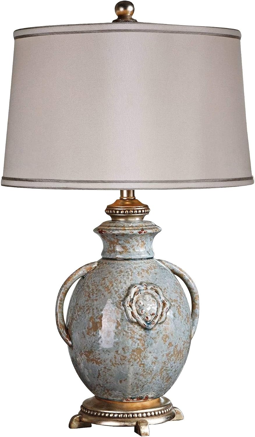 BOWERY HILL Modern Textured Ceramic Table Lamp, Distressed Light Blue Finish, 28.5 in Tall, Off-White Linen Shade, 150W Single Light, Designer Accent Lamp for Indoor Living Room or Bedroom Use