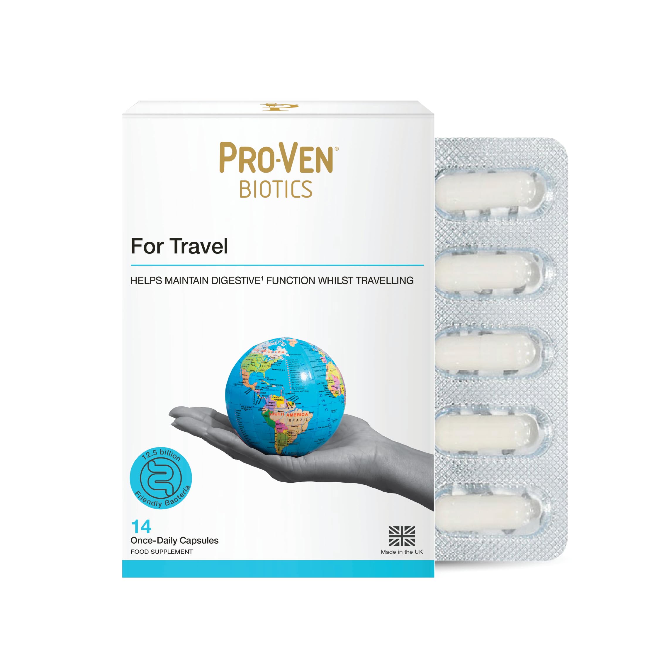 Pro-Ven Biotics for Travel | 12.5 Billion Live Bacteria with Ginger Glutamine and Calcium | Daily Digestive Support for Holidays and Overseas Trips Easy to Pack | 14 Capsules
