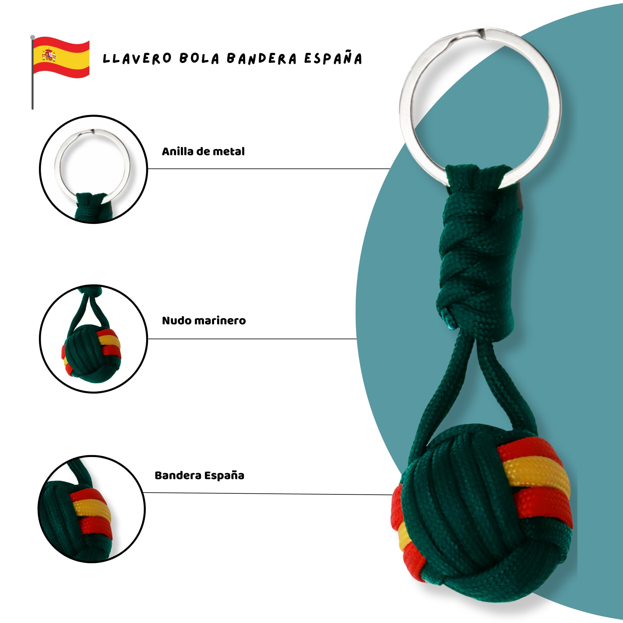 Llavero bola de cuerda bandera España, Llavero patriótico, 1 Unidad, Verde - imagen 3