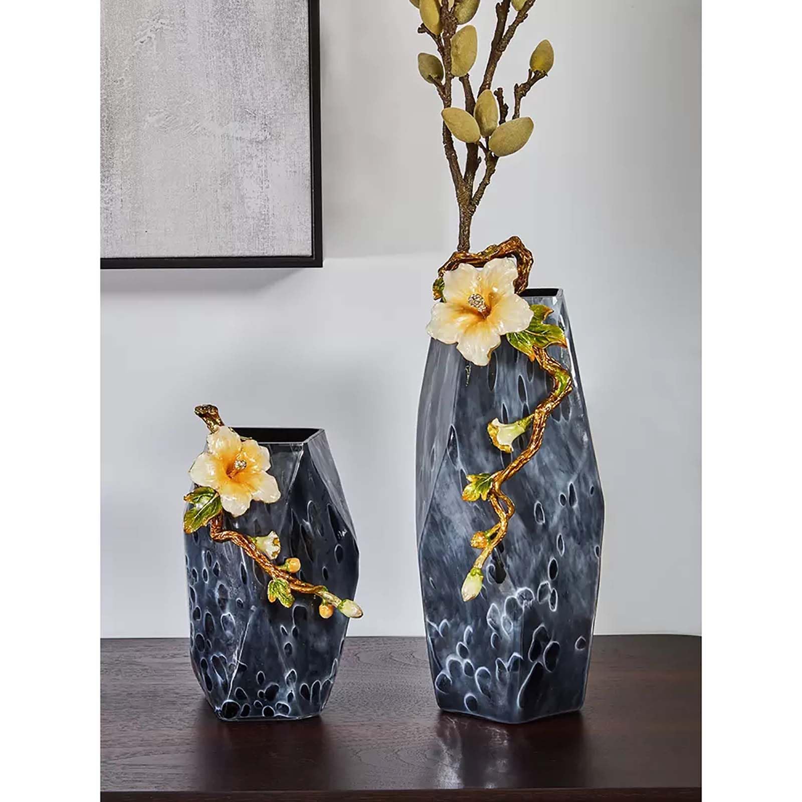 Set van 4 kleine glazen vaasjes, amberkleurig en transparant