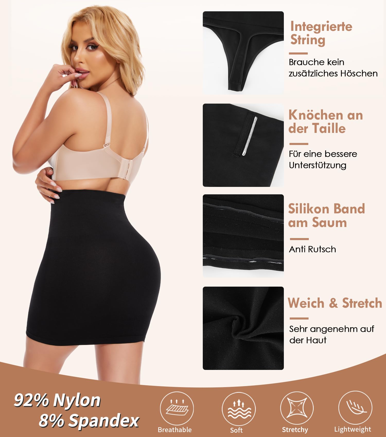 Joyshaper Vestido de mujer con tanga de cintura alta, enagua corta para moldear el abdomen, vestido moldeador sin costuras