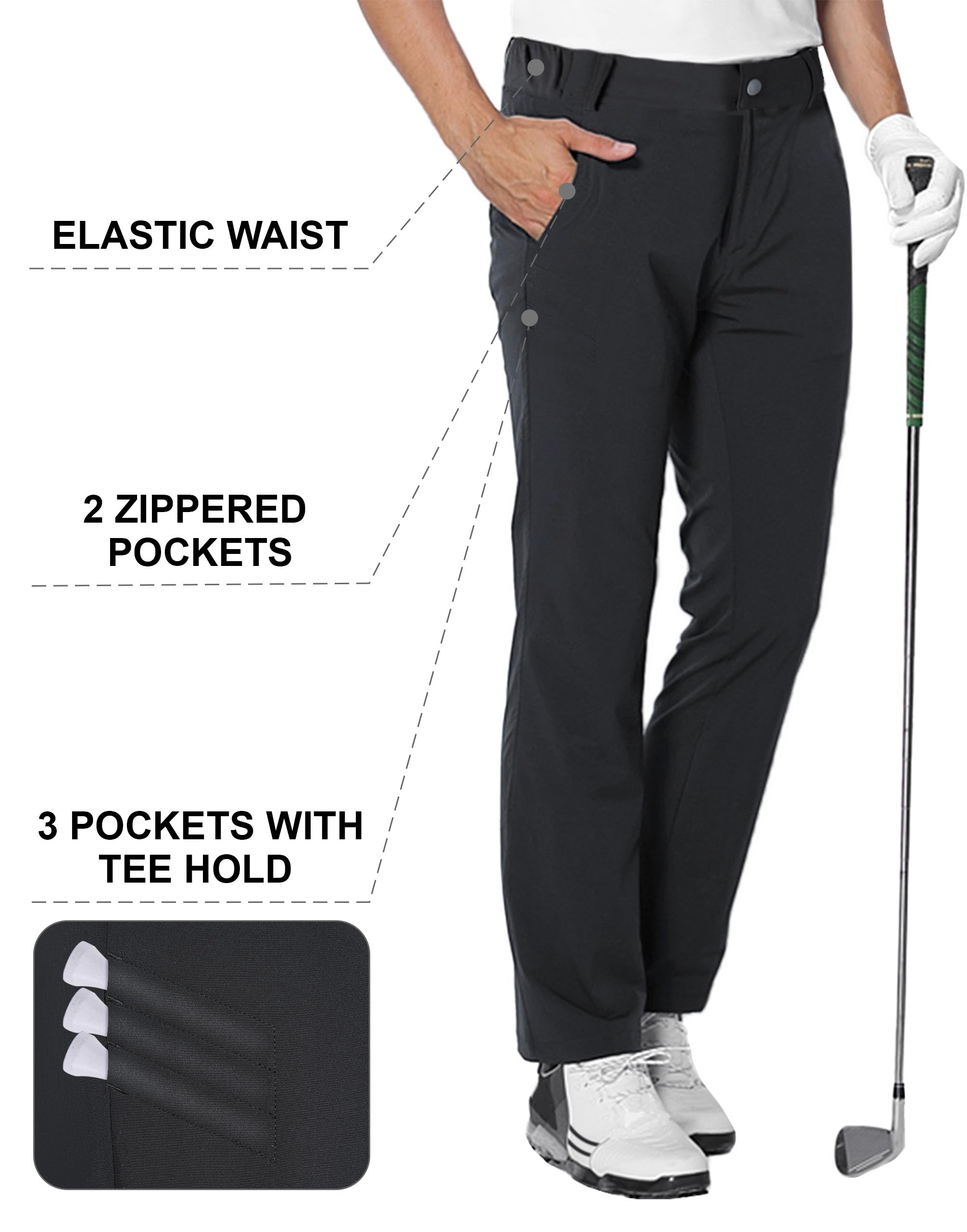 Pantalon Golf Homme Extensible Imperméable Pantalon Homme Slim Stretch Coupe Droite Sports Golf Pants Taille élastique avec 4 Poches Noir S