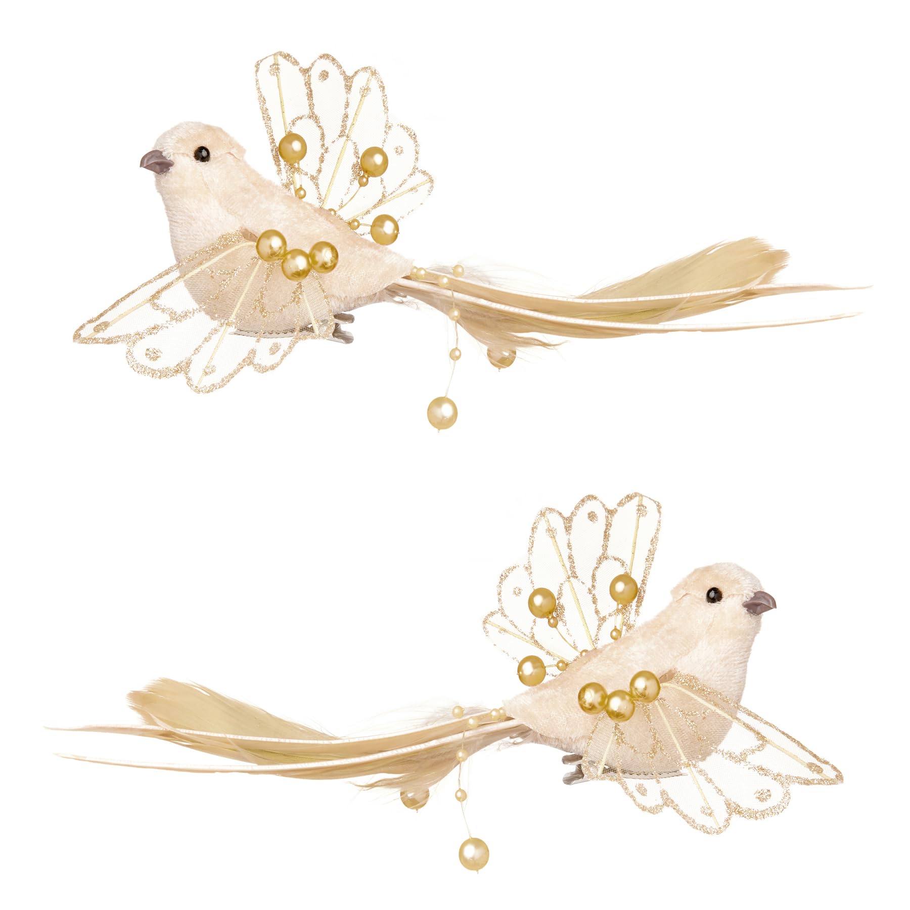 Widdle Gifts Champagne Gold Christmas Tree Bird Decorations On Clip With Feathers And Beads 18Cm Set Of 2 (Champagne Gold)