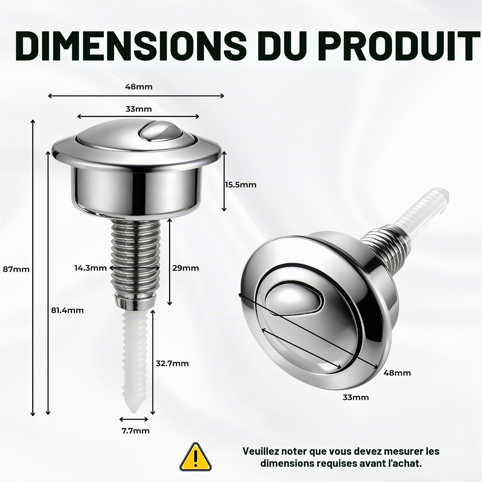 Bouton de chasse d'eau de rechange CF1003CP pour réservoir Twyford Optima49 – Mécanisme de chasse d'eau double débit avec bouton poussoir de chasse d'eau, tête ronde argentée