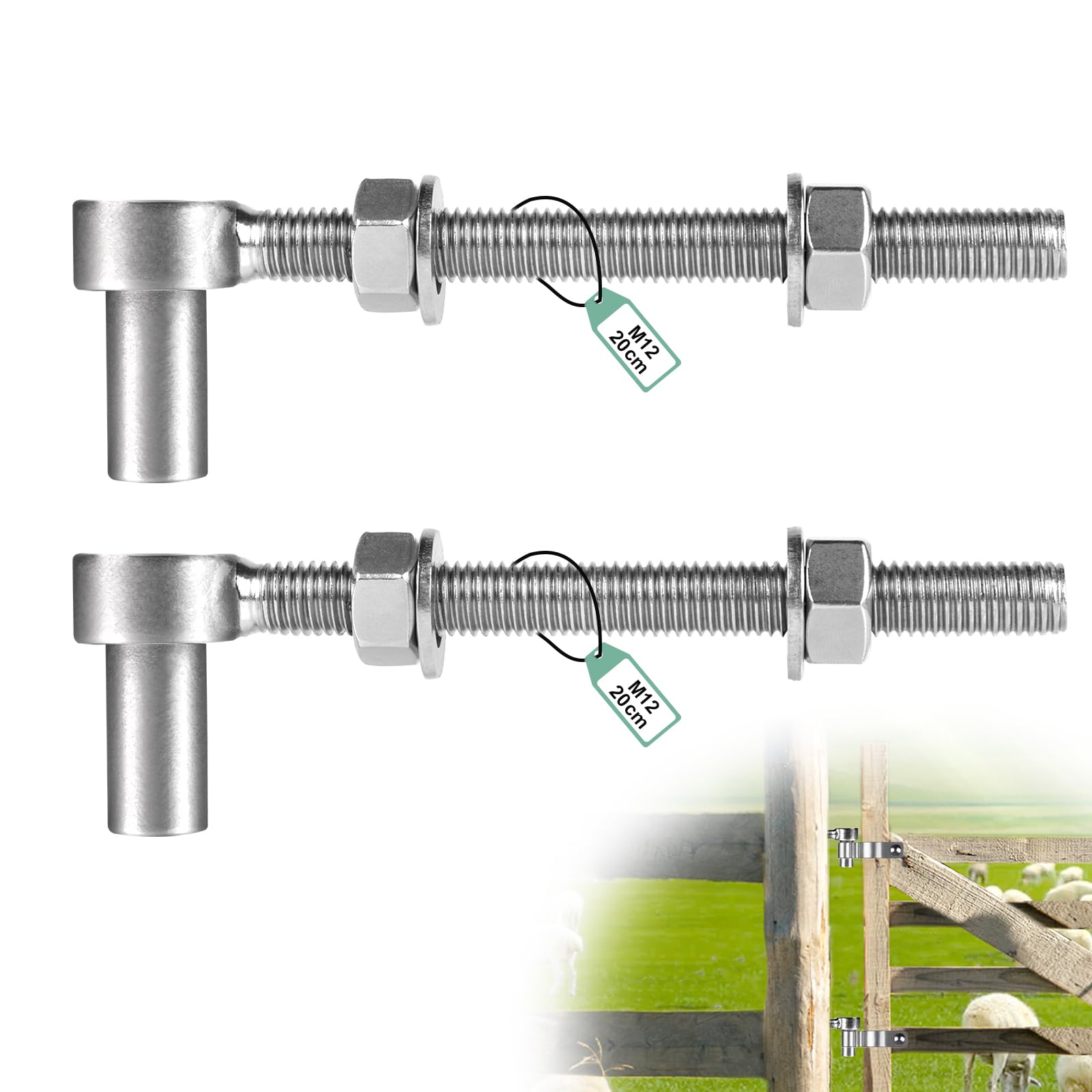 SUPAWAY 2 Pieces J Bolt Hinge M12x200mm, 304 Stainless Steel J Bolt Hinge, Adjustable Zipper for Yard Gate Garden