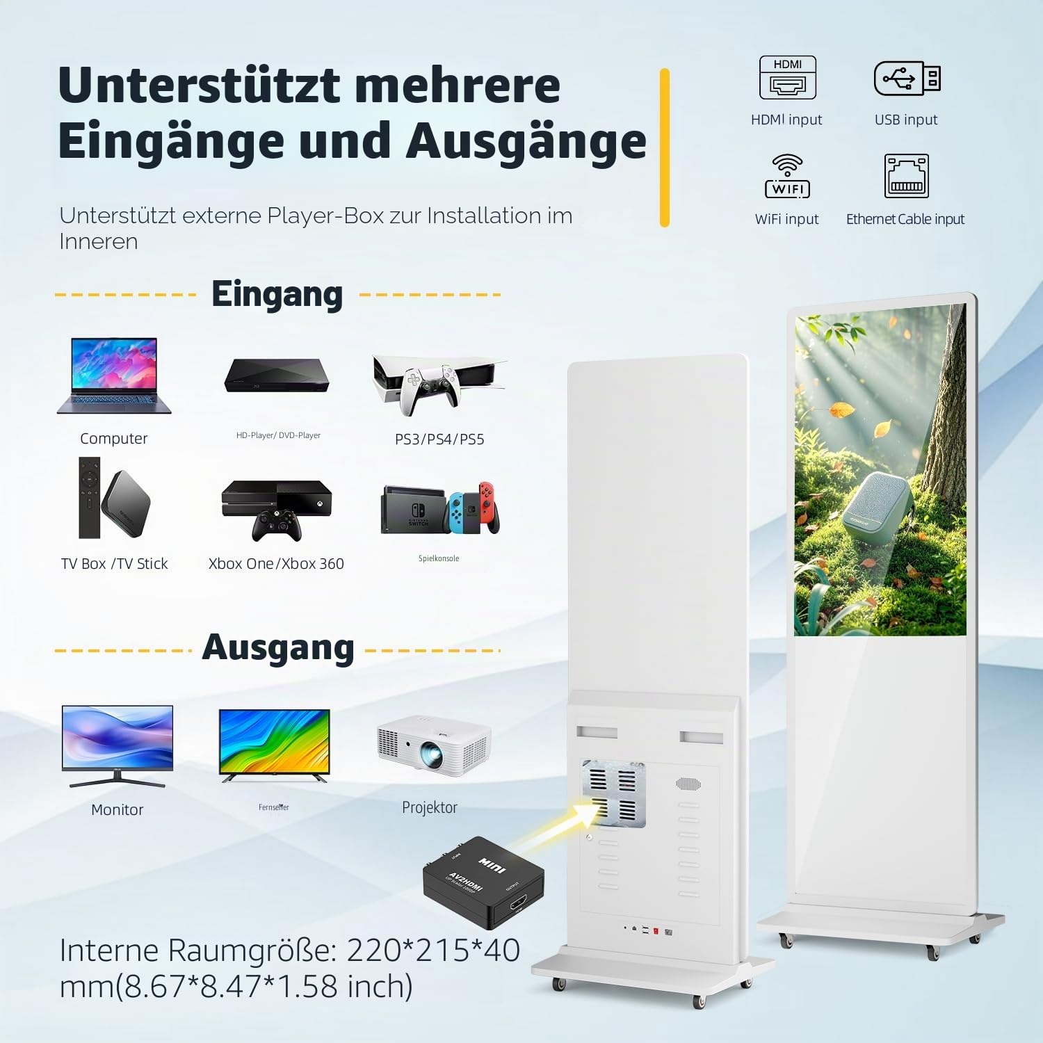MWE 43 Zoll Touchscreen Digitaler Kundenstopper mit 4 Rollen, Werbedisplay Digital, LCD Digital Signage Display, Geeignet für Einzelhandelsgeschäft, Restaurant, Einkaufszentrum und Gewerbezentrum