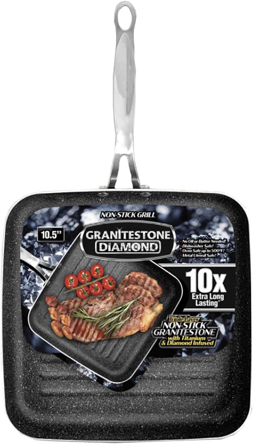 Granitestone Grill Pan 10.25" Nonstick and Scratchproof Stovetop Cookware PFOA Free Oven-Safe, Dish Washer Safe, 10X Extra Long Lasting - As Seen On TV