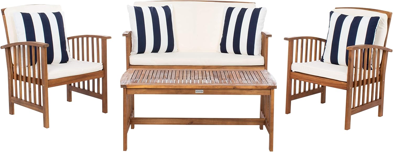 SAFAVIEH Outdoor Collection Rocklin Natural/ Beige Cushions/ Thick Stripe Pillows 4-Piece Conversation Patio Set