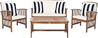 SAFAVIEH Rocklin 4-Piece Outdoor Conversation Set - Acacia Wood Patio Furniture with Beige Cushions & Striped Pillows