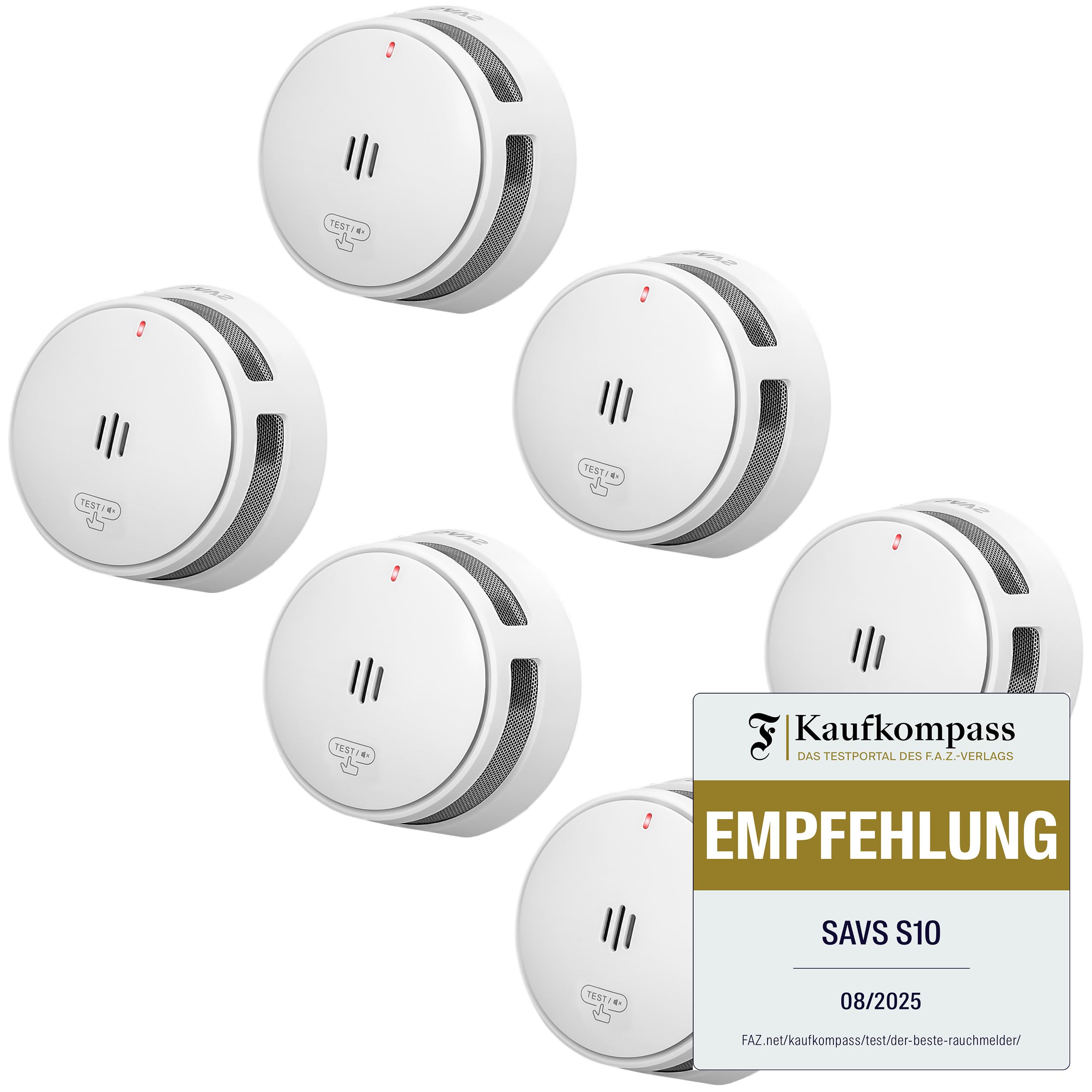SAVS S10 Stand-Alone-Rauchwarnmelder - Integrierte Rauchmelder 10 Jahre Batterie - Optischer Doppelsensor - Fernbediente Mute-Funktion - Schlankes & Modernes Design - Einfache Installation – Weiß (6) | 6er Set Rauchwarnmelder mit integrierter 10-Jahres-Ba