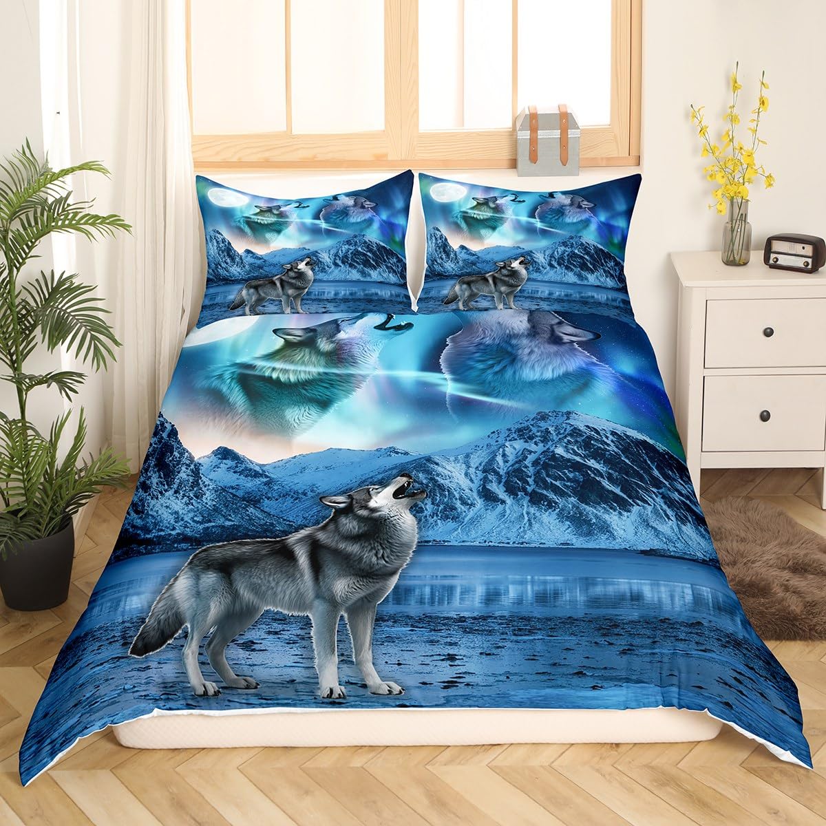 Feelyou Wolf Bedding Set Full Size Wolves Howling Duvet Cover Set for Boys Teens Decor Aurora Comforter Cover Set Moon Wolf Bedroom Mountain Quilt Cover 3Pcs