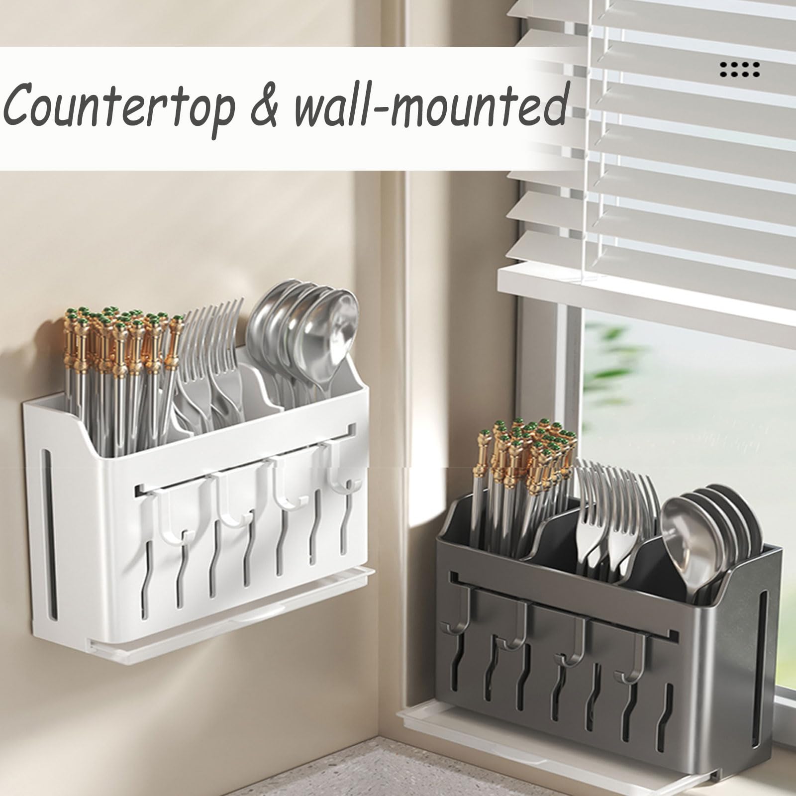 Soporte para utensilios de pared, organizador de cocina colgante con ganchos para cuchillos, palillos, cubiertos, tenedores, cucharas y toallas, elegante organizador de almacenamiento negro