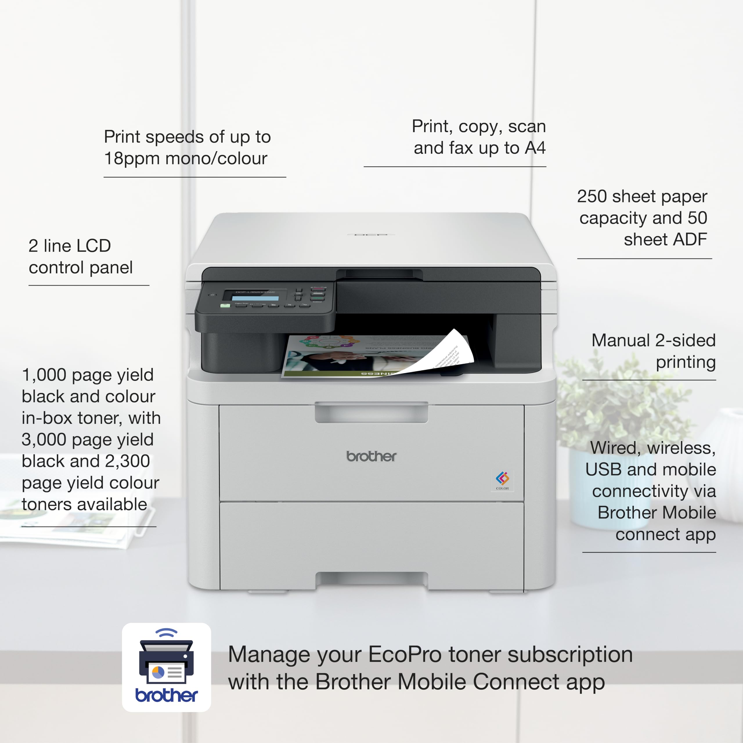 Brother DCP-L3520CDWE - Impresora LED inalámbrica a Color 3 en 1 con suscripción EcoPro, impresión, Copia y escaneo, USB 2.0, A4, Prueba Gratuita de 4 Meses, Entrega automática de tóner, Enchufe del