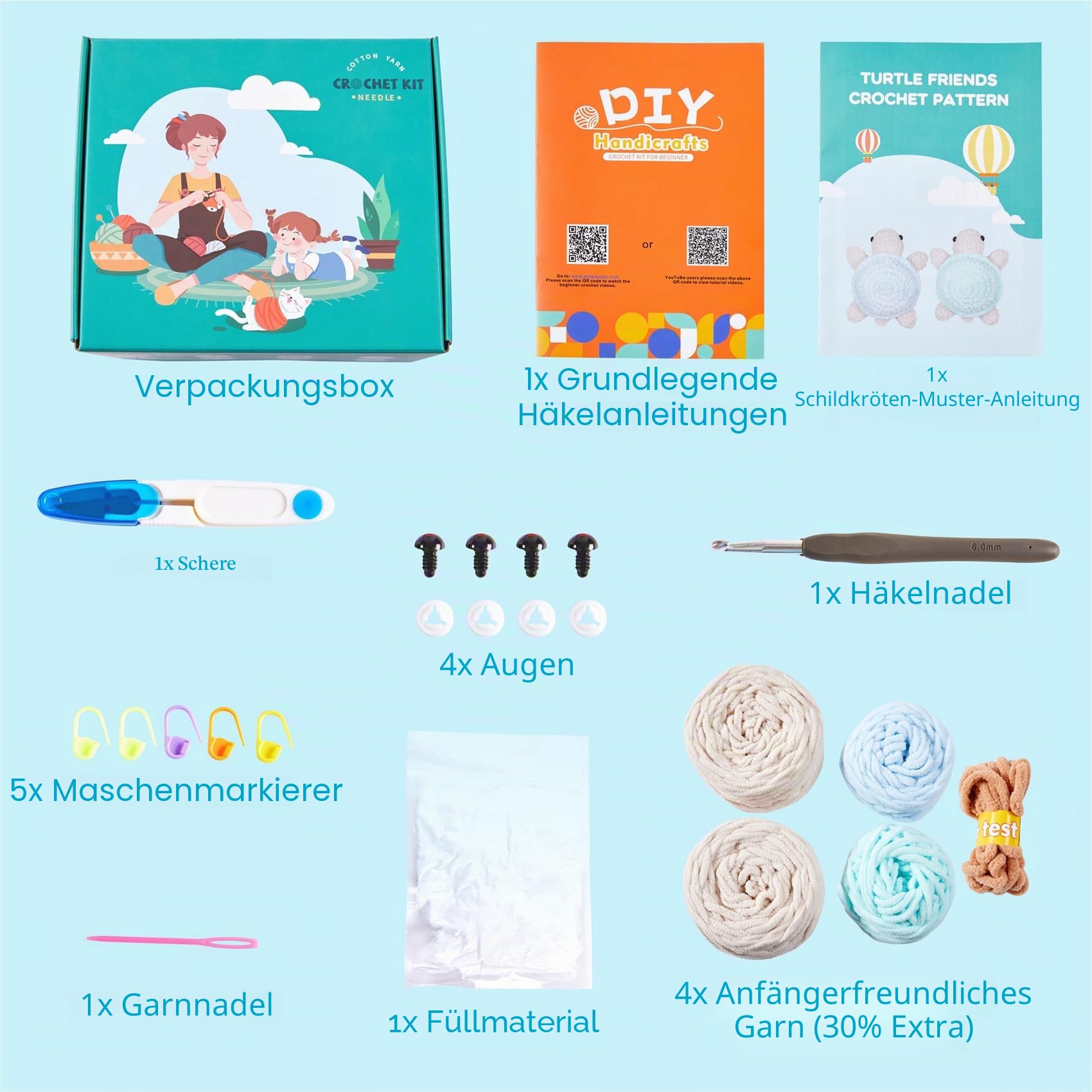 Eelexa Häkelset für Anfänger, Amigurumi Häkeltier-Kits, mit Schritt-für-Schritt-Video-Tutorials für Kinder, Erwachsene, Anfänger, 2 Stück Schildkröten