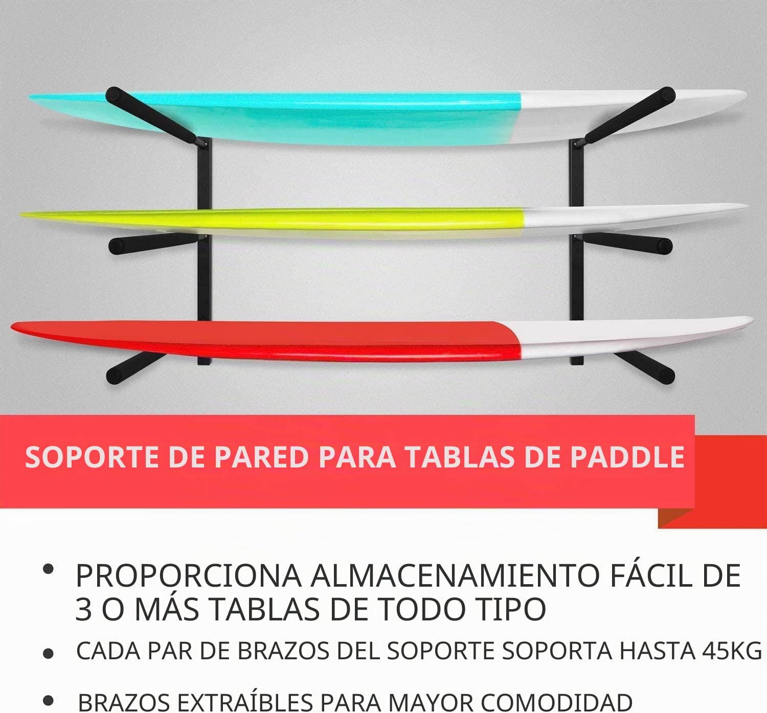 Yes4All Soportes de pared para tablas de paddle, Soportes para tablas de surf con acolchado de espuma, Almacena y exhibe hasta 3 tablas de surf, snowboards, longboards, negro