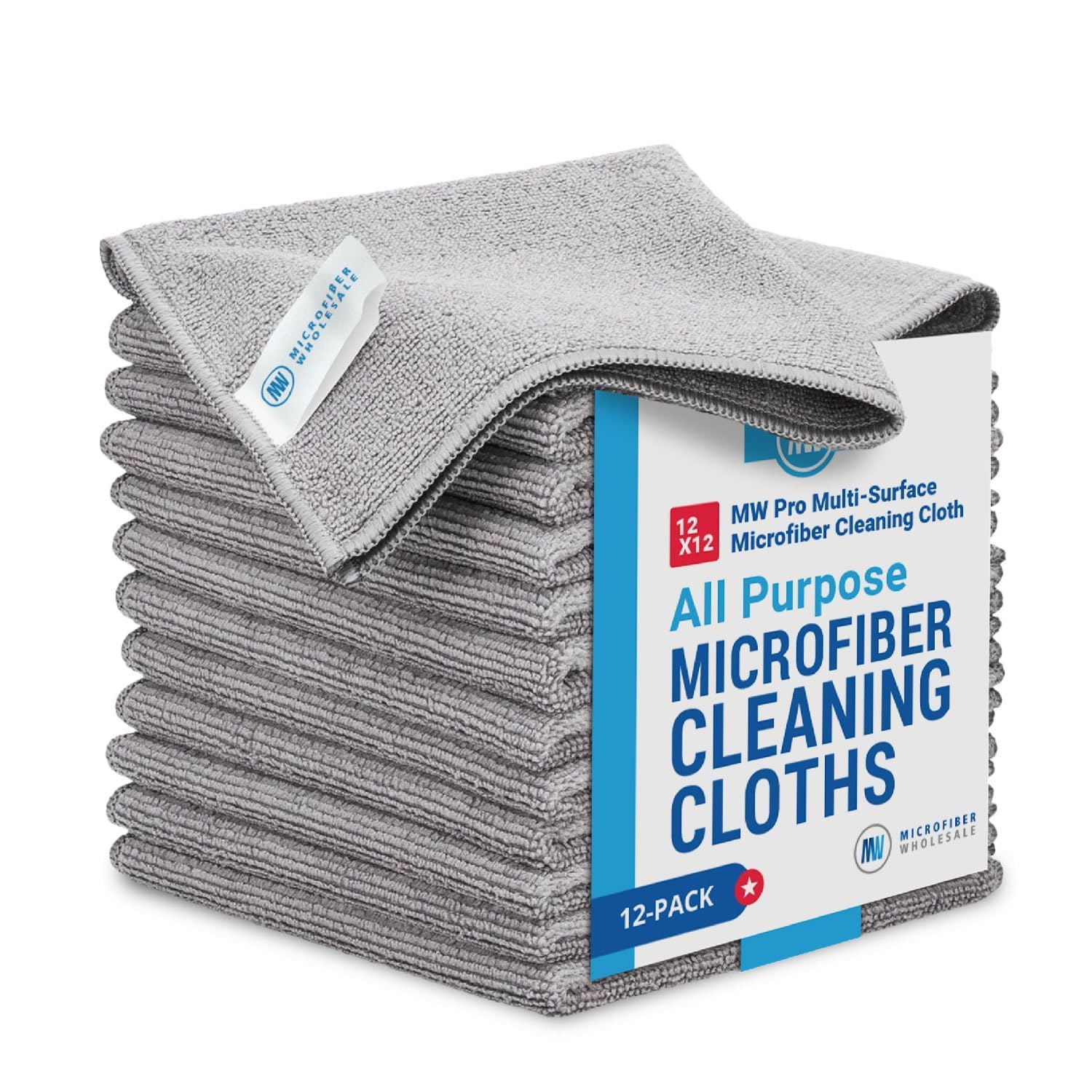 Microfiber Wholesale 12" x 12" MW Pro Multi-Surface Cleaning Cloths | Gray - 12 Pack | Premium Towels for Cleaning Glass, Kitchens, Bathrooms, Automotive, Supplies & Products