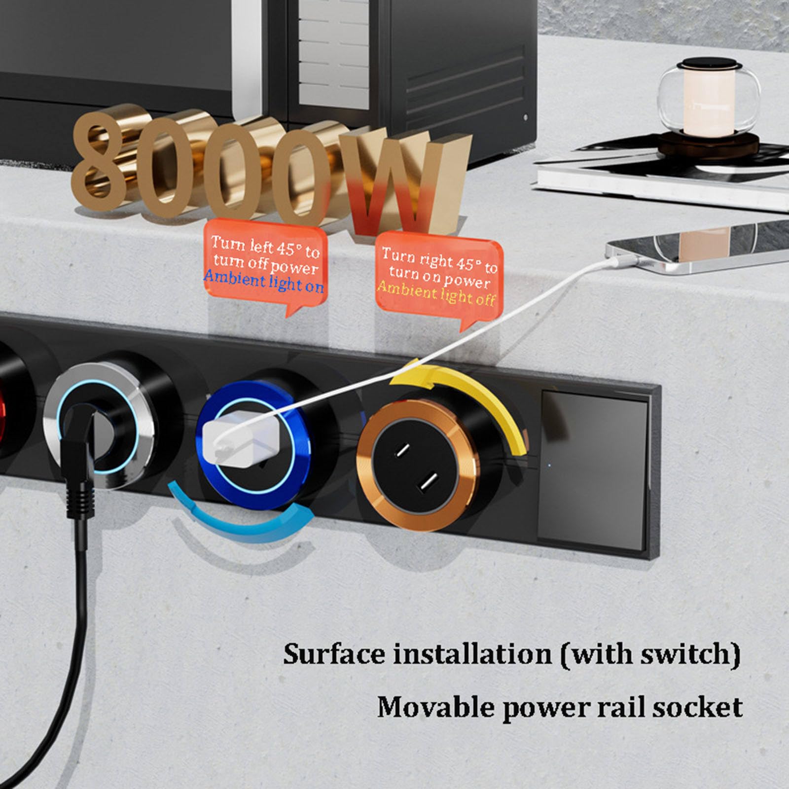 Gniazdo Szynowe Z Przełącznikiem(Szyna + 4 Gniazda Uniwersalne + 1 Gniazdo USB) Uniwersalne Gniazdko Kuchenne 8000 W, Biurowe, Przesuwne,Wyjmowane,Gniazdko ścienne Z Wieloma Wtyczkami Black-40cm