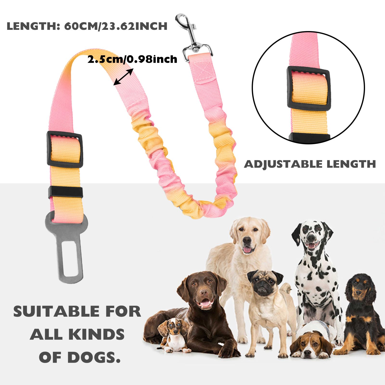 2 Pièces Ceinture Chien Voiture, Réglable Ceinture Securite Chien Voiture, Élastique Attache Chiens Voitures, Couleur Dégradée Laisse Voitures pour Chiens