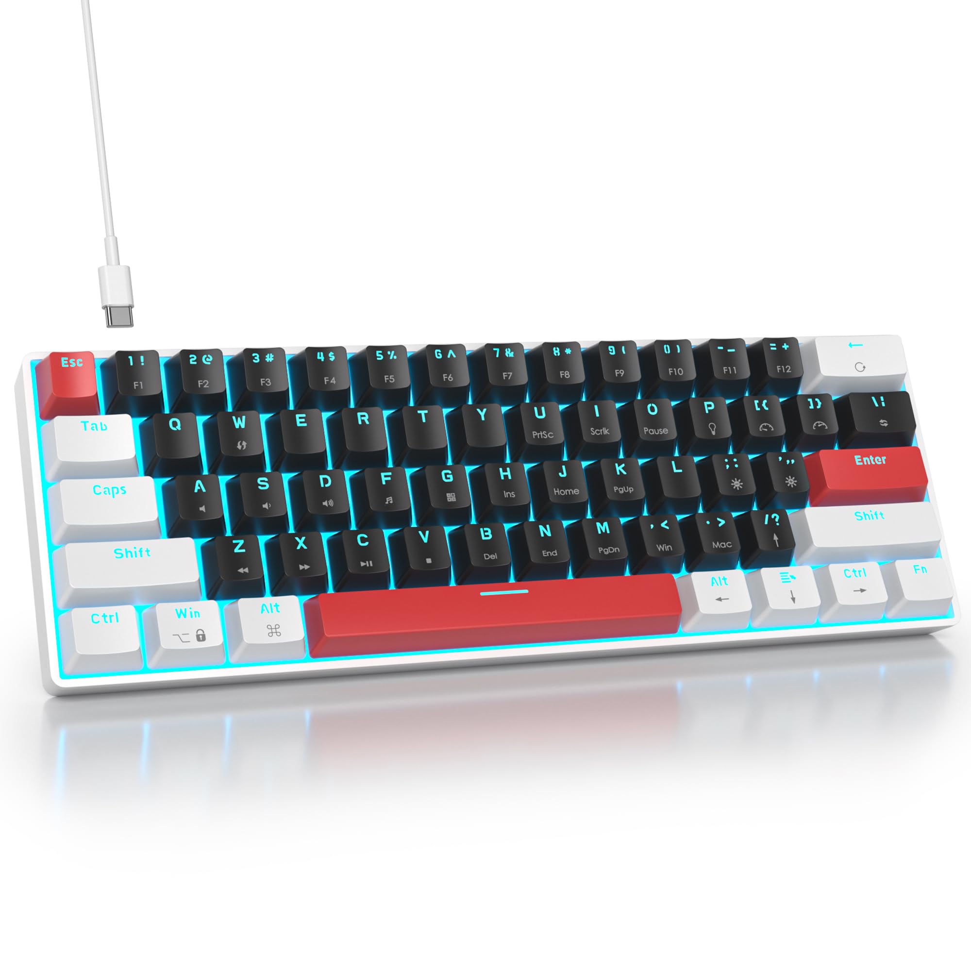 60 % teclado mecánico, mini teclado mecánico para juegos, retroiluminación LED azul hielo, 61 teclas anti-ghosting, America QWERTY para PC Office Gaming (61 Black)