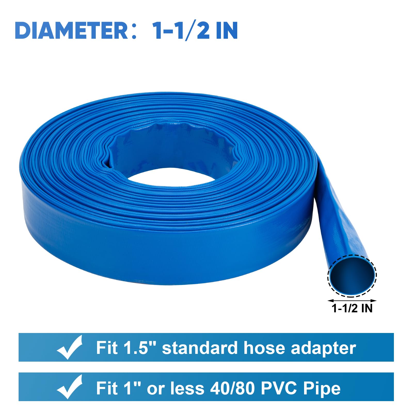 Tuyau de lavage de piscine de 3,8 cm x 30,5 m, tuyau en PVC à décharge plate, résistant aux intempéries et à l'éclatement pour piscines de vidange d'eau, filtres de nettoyage de piscine