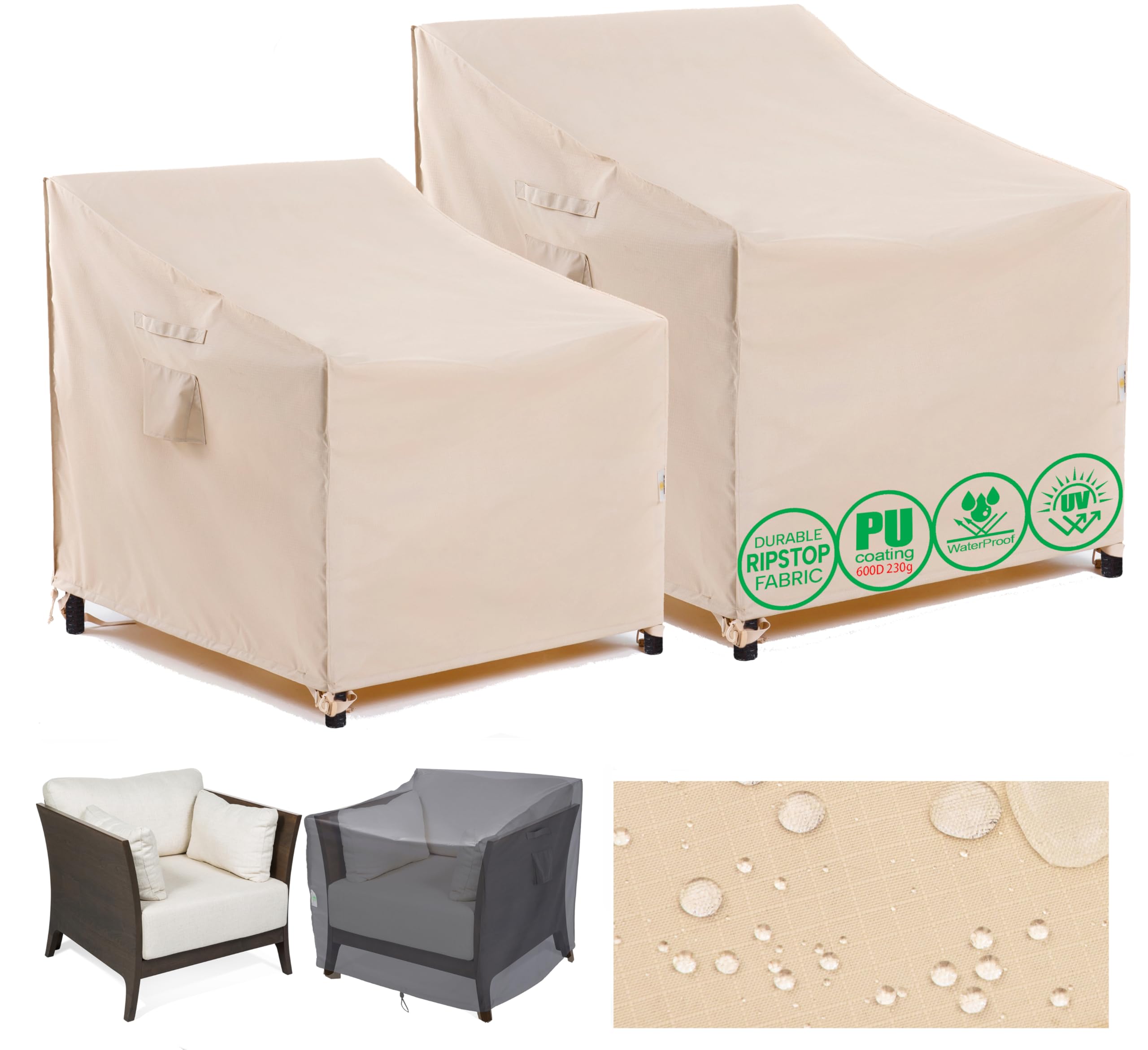 F&J Outdoors Garden Chair Covers 102x102x66/91cm Patio Waterproof Large Lounge Chair Adirondack Furniture Covers Rattan Single Sofa Protective Cover Massage Chair Storage Dustproof Rainproof 2 Suit