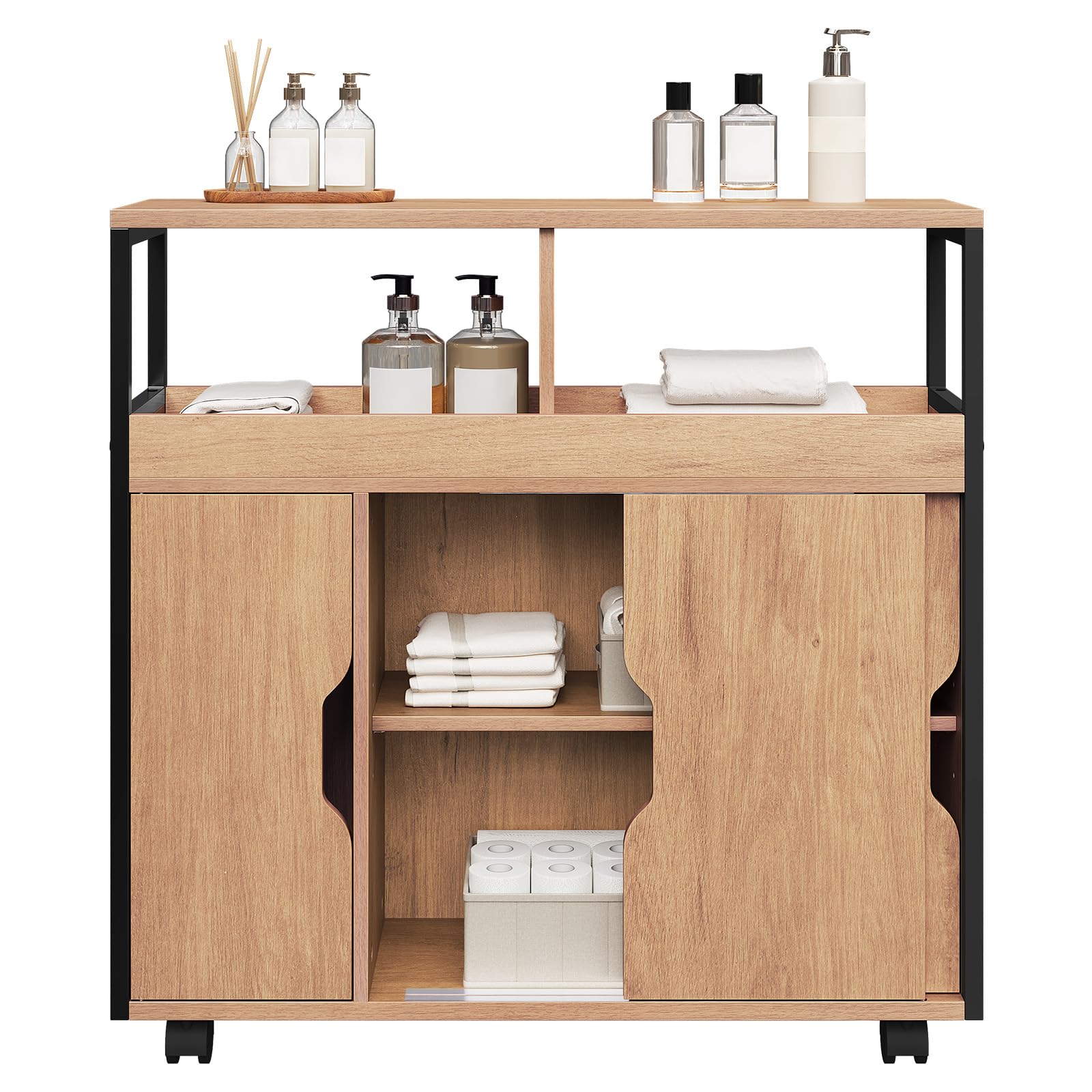 EUGAD Badezimmerschrank, Nischenschrank schmal, Badschrank mit 2 offenen Fächern, Verstellbarer Ablage, Schiebetüren, Nischenregal mit Rollen, 70x70x20 cm, schwarz helle Eiche