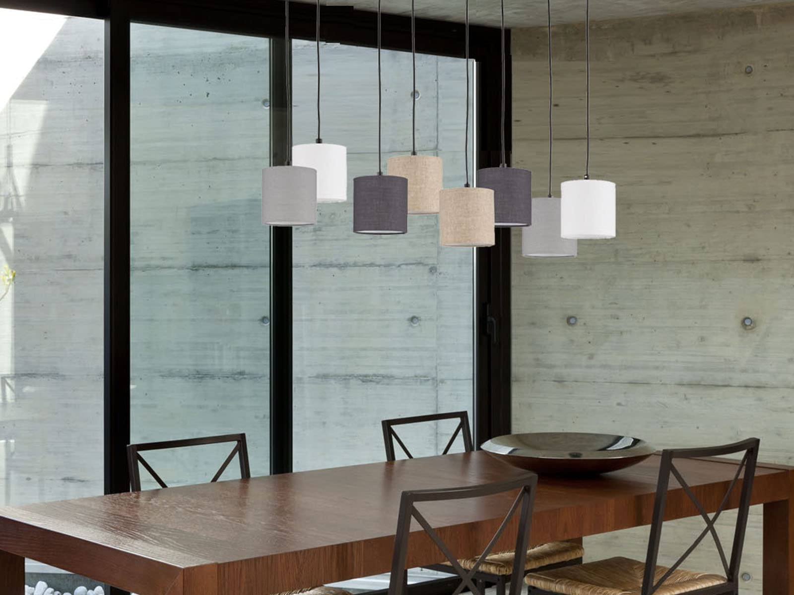 Fischer & Honsel Pendelleuchte, Isko | sandschwarz| Stoffschirm| sandfarben, hellgrau, grau, weiß - Leinen -|L: 115 cm, B: 38 cm, A: 140 cm| 8x E14 max. 25 Watt exkl. Leuchtmittel |