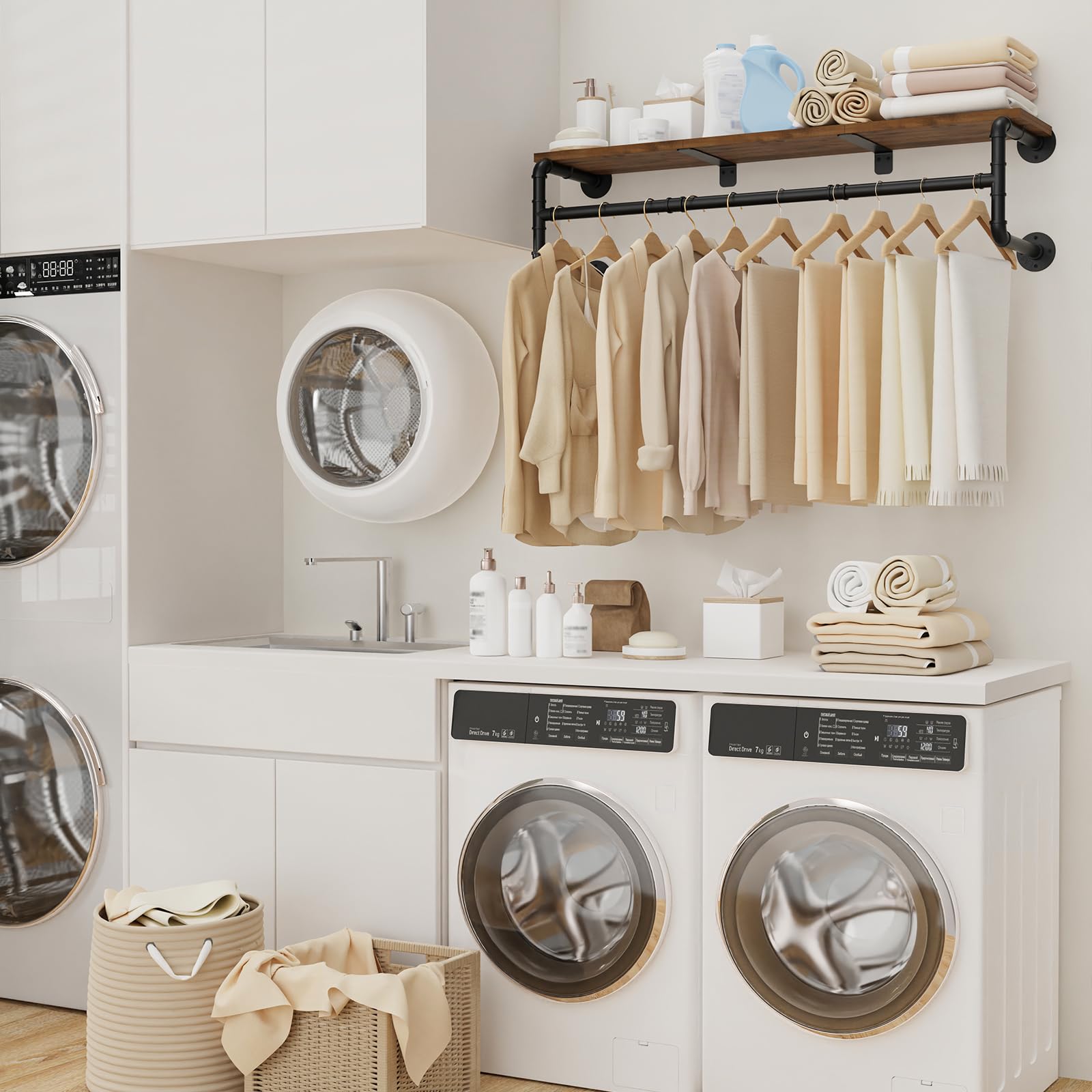 Yawinhe 105cm Tringle à Vêtement Industriel avec Étagère,Noir et Marron | Porte Manteau Mural, Portemanteaux Mural Suspendue avec Barre,Étagère de Rangement Parapluie, Chapeau et écharpe