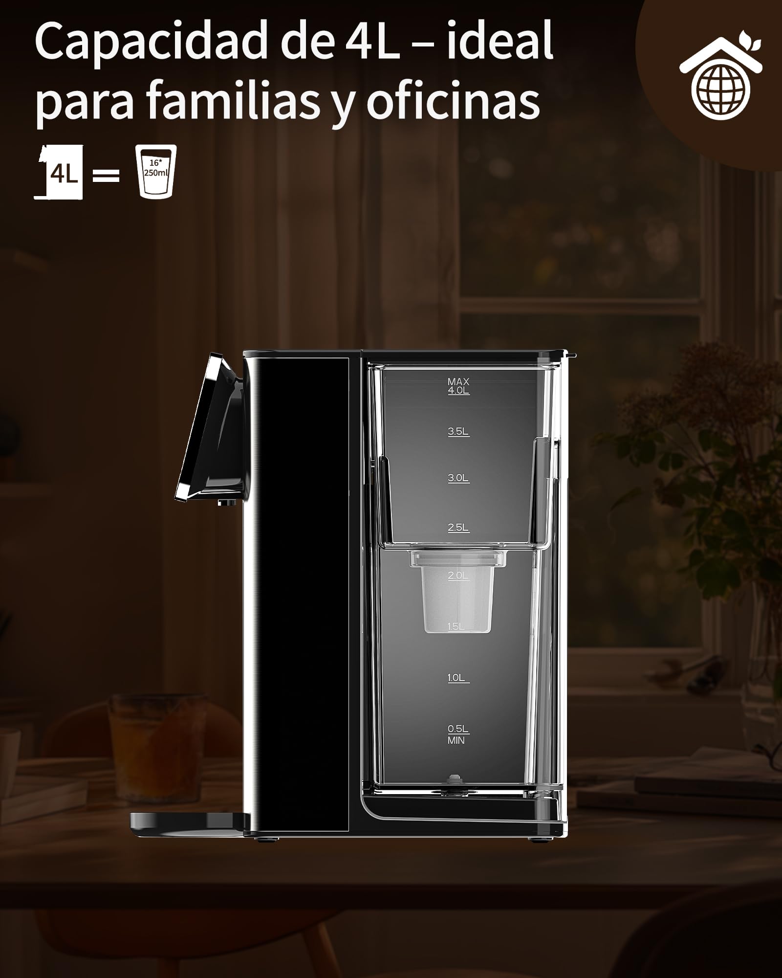 Dispensador de Agua Caliente UR05-2200W Agua Caliente en Segundos, 4 Niveles de Temperatura y 3 Cantidades de Agua, Depósito de 4L, Compacto, Filtro de Carbón Activo, para Cocina y Oficina