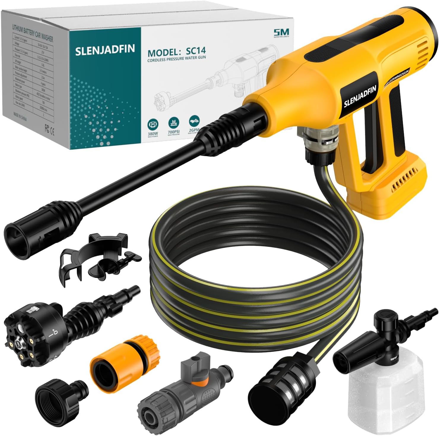 Cordless High Pressure Washer for Dewalt 20 V Battery 700 PSI Portable Hand Cleaner with 6-in-1 Nozzle Foam Gun for Car Floor Fence Wall Cleaning (Battery Not Included)