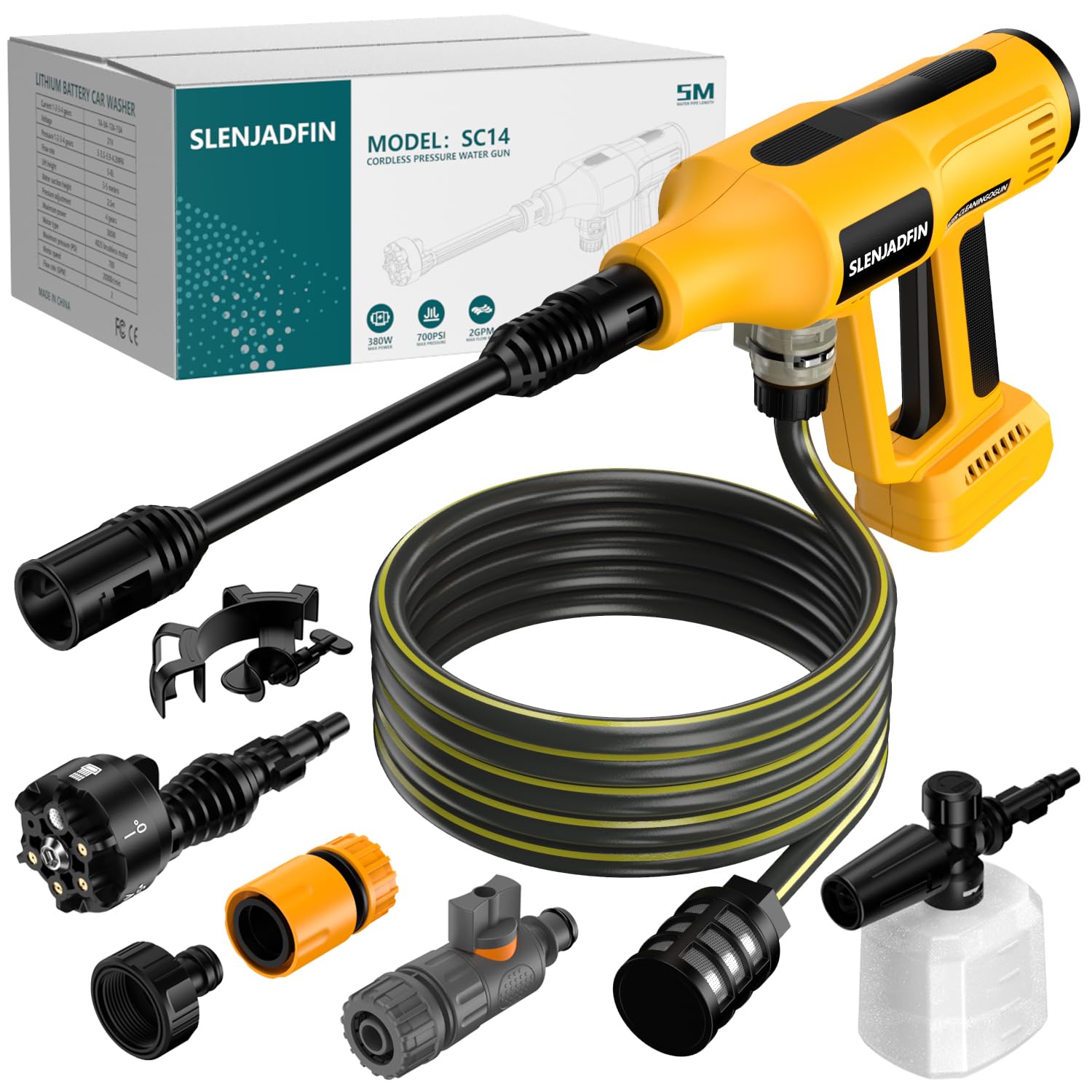 Cordless Pressure Washer for Dewalt 20V Battery 700 PSI Portable Handheld Power Washer with 6-in-1 Nozzle Foam Cannon for Car Floor Fence Wall Cleaning (Battery Not Included)