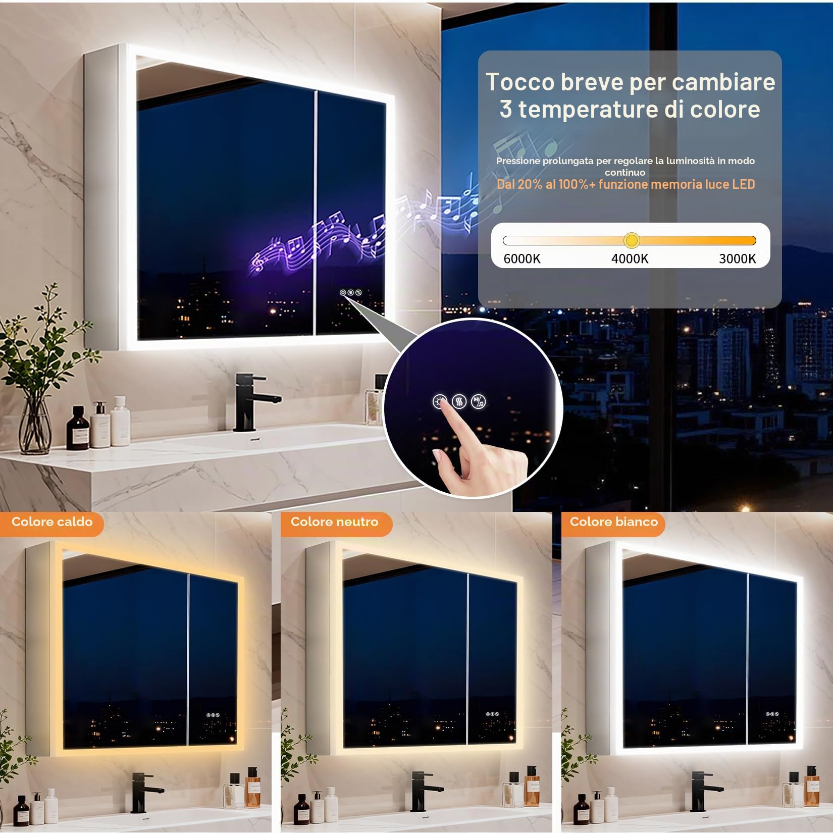 Bluetooth Specchiera Bagno Contenitore con Luce LED 80x70 cm: Mobile Bagno Specchio con Luce 2 Ante Presa Elettrica, Ripiani Regolabili, Antiappannamento, Dimmerabile 3 Colori Luce, Funzione Memoria
