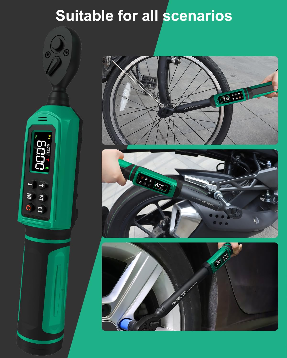 Uharbour Llave dinamométrica digital de 1 cm 2-134.9 N·m/6.8-135Nm | ± 1% de precisión llave eléctrica, trinquete de doble dirección, vibración y alerta LED