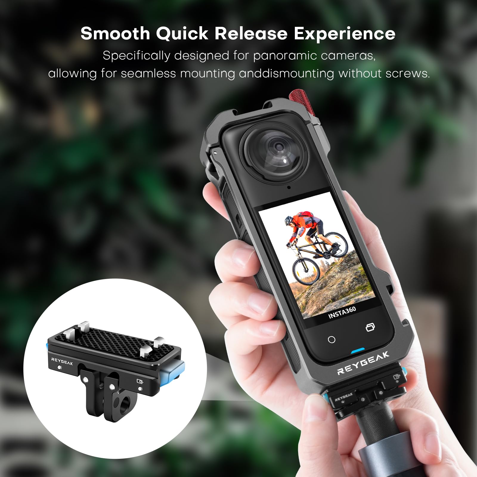 REYGEAK Do klatki Insta360 X4, aluminiowa rama do Insta360 X4, uchwyt podstawy aparatu do szybkiego zwalniania z gwintem 1/4 cala, etui ochronne z silikonową osłoną obiektywu.