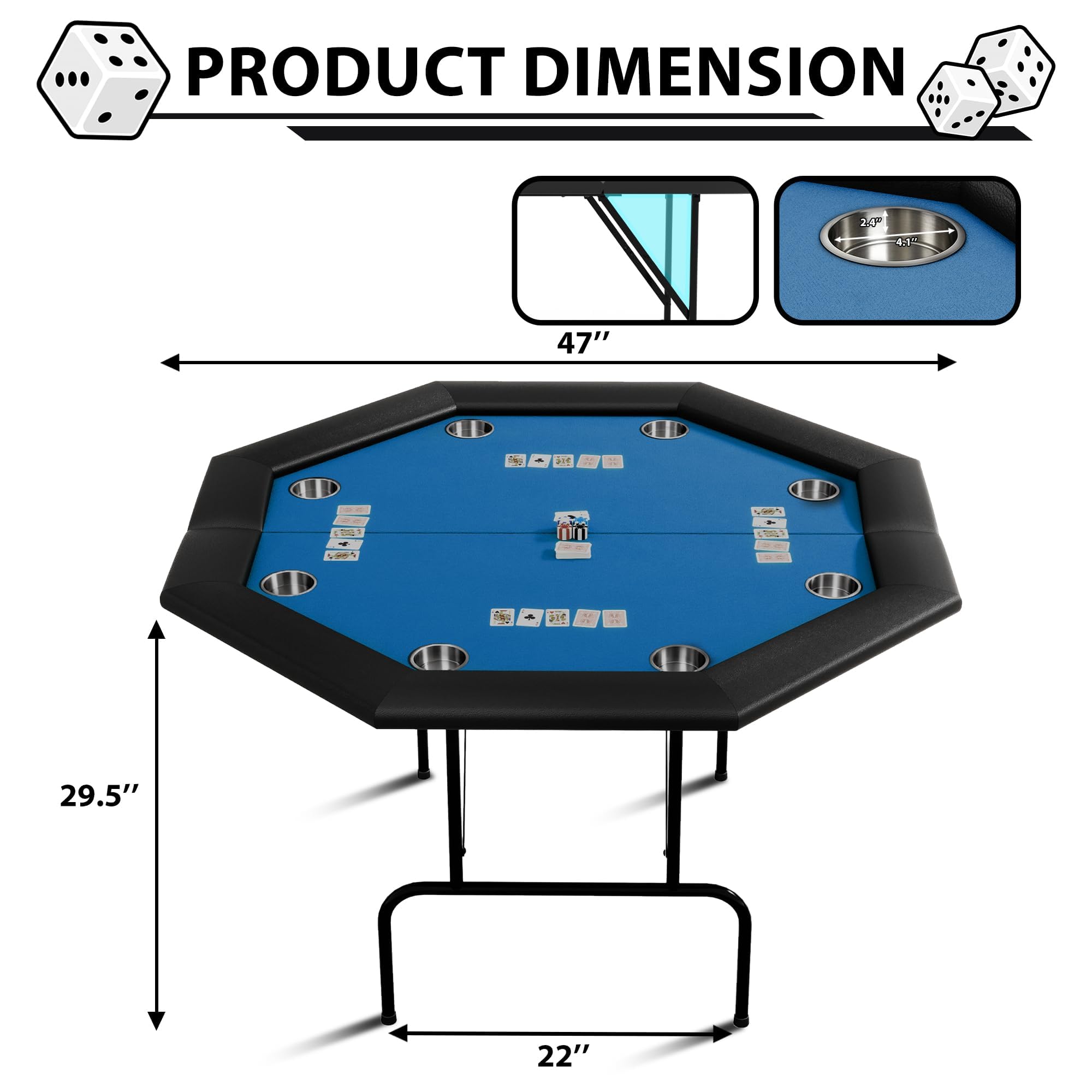Table De Poker Pliable 120 cm Pour 8 Joueurs, Table De Casino Octogonale Pour Blackjack Et Texas Holdem, Avec Rails Rembourrés Confortables Et 8 Porte-Gobelets Intégrés, Idéale Pour Soirées Jeux, Mais