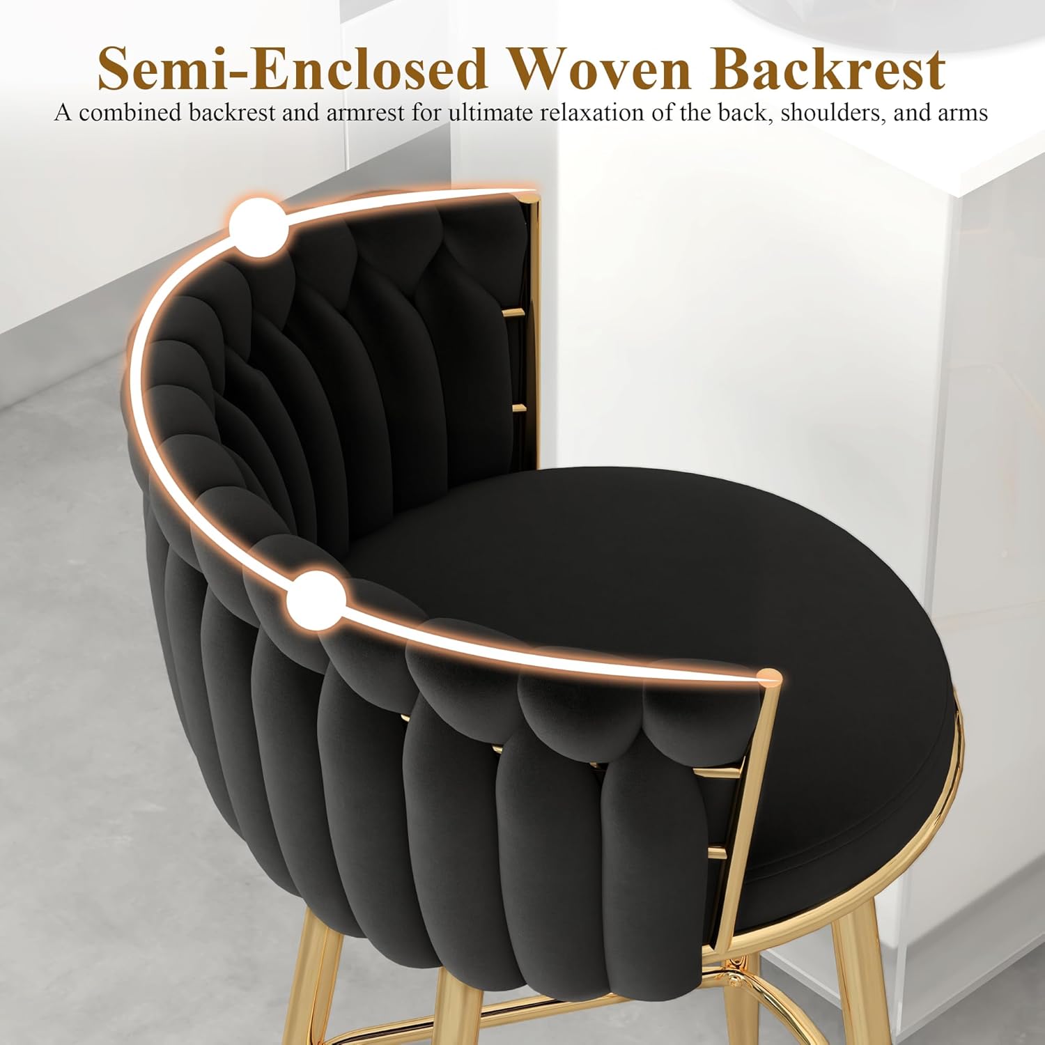 Counter Height Stools Set of 2, Velvet Bar Stools with 27 Inches Upholstered Seat Height, Handmade Woven Back Armrest, Sturdy Golden Metal Legs for Home Dining Pub Kitchen Island, Black