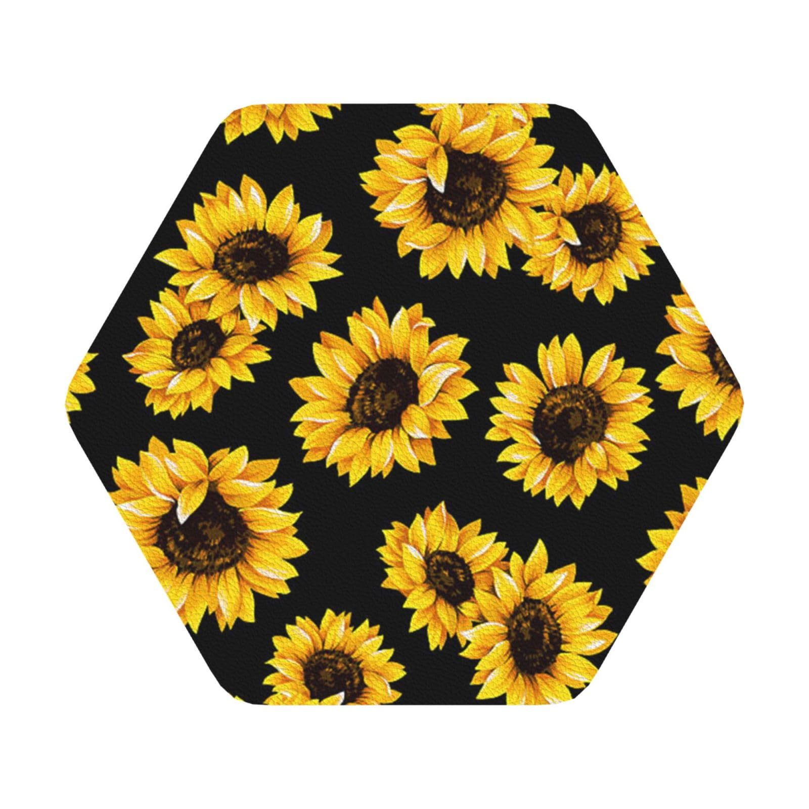 Spring Sunflowers Flowers PU Leather Coasters Set of 6 Hexagon Drink Coasters