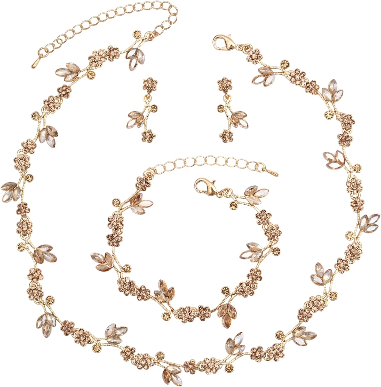 Brides Bridesmaid Flower Leaf Choker Necklace Dangle Earrings Link Bracelet Austrian Crystal Wedding Jewelry Set for Prom Costume Party Accessories for Woman