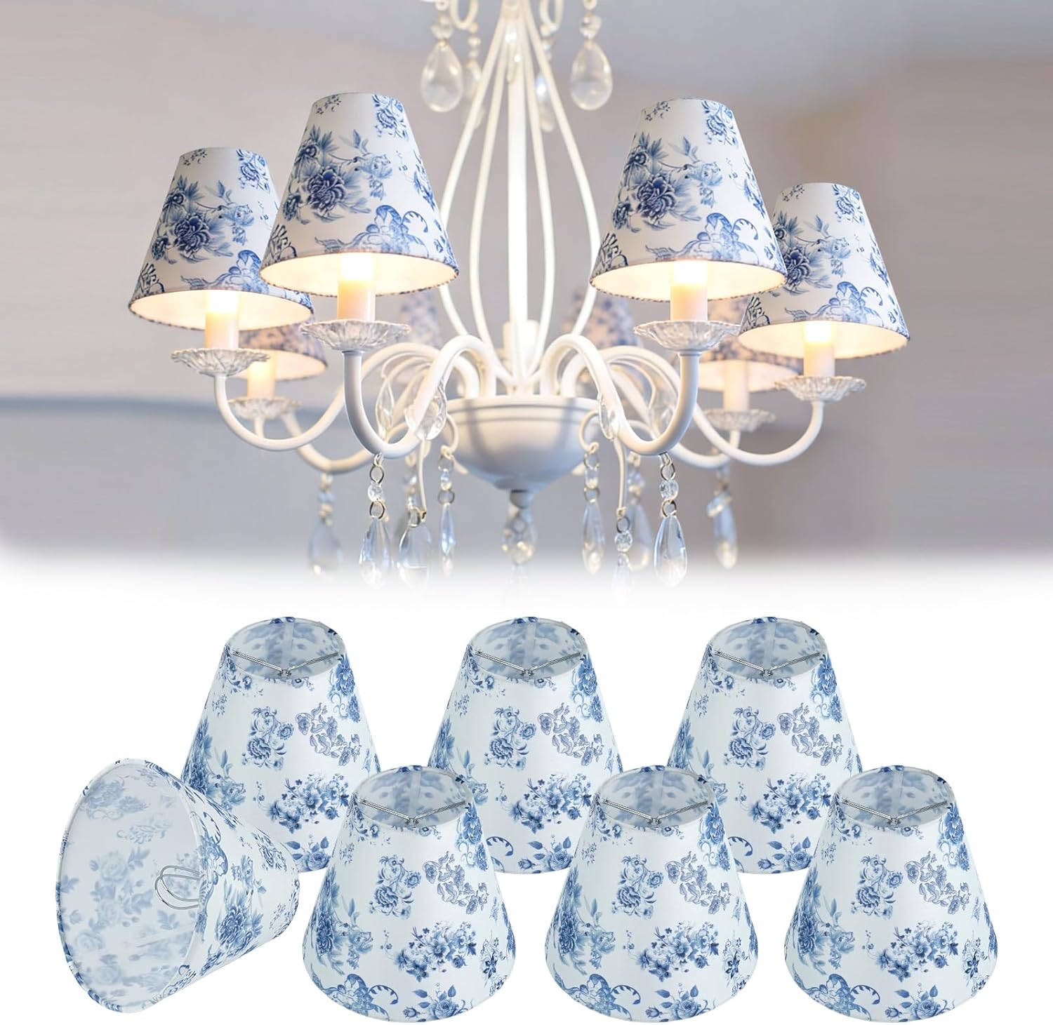 7 Pcs Chandelier Lamp 3 x 6 x 5 Inch Chimney Shades Cover Small Chinoiserie Lamp Shade French Countryside Toile Clip Bulbs Lampshade for Chandelier Farmhouse (Blue Floral)