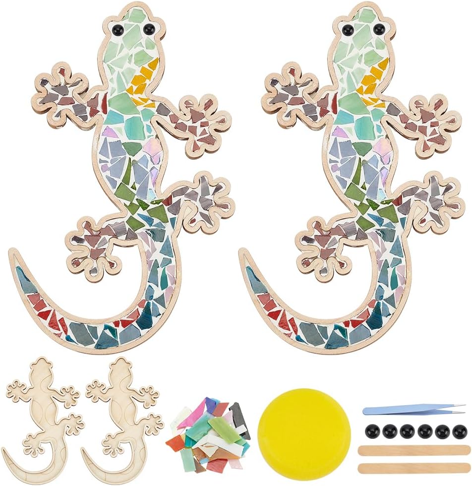 WEBEEDY 2 Set Lizard Mosaic Tiles Kit for Adults, Make Your Own Lizard Design Decoration Fun Art and Craft Supplies Glass Craft Mosaic Tiles Handmade Home Decor Birthday Gifts
