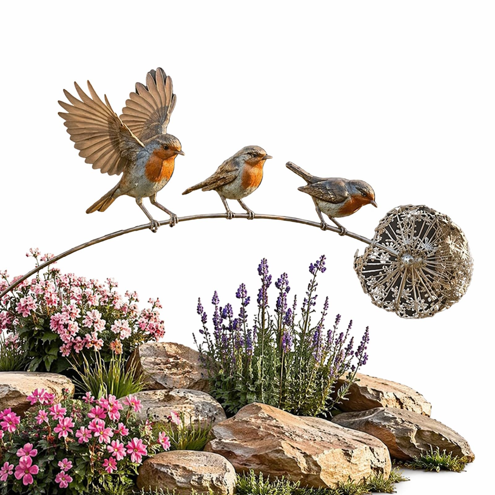 Robin Garden Stake, Metal Robins Bird Garden Sculpture with Dandelion Accent, Rustic Outdoor Arts Decorations Decorative Lawn Ornaments for Lawn Patio Flower Bed Walkway