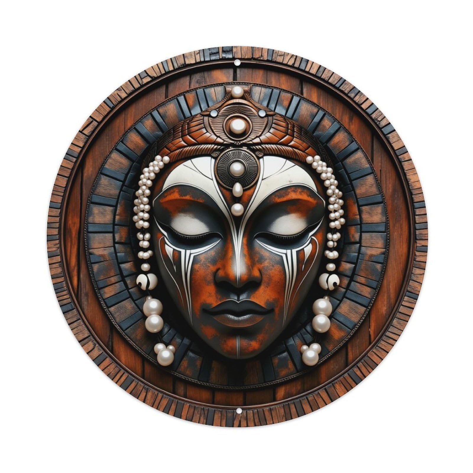 Mask With Pearl Adornments Round Tin Sign Vintage Metal Poster, Home Bar Garage Man Cave Cafe Indoor & Outdoor Wall Decoration 8x8Inches