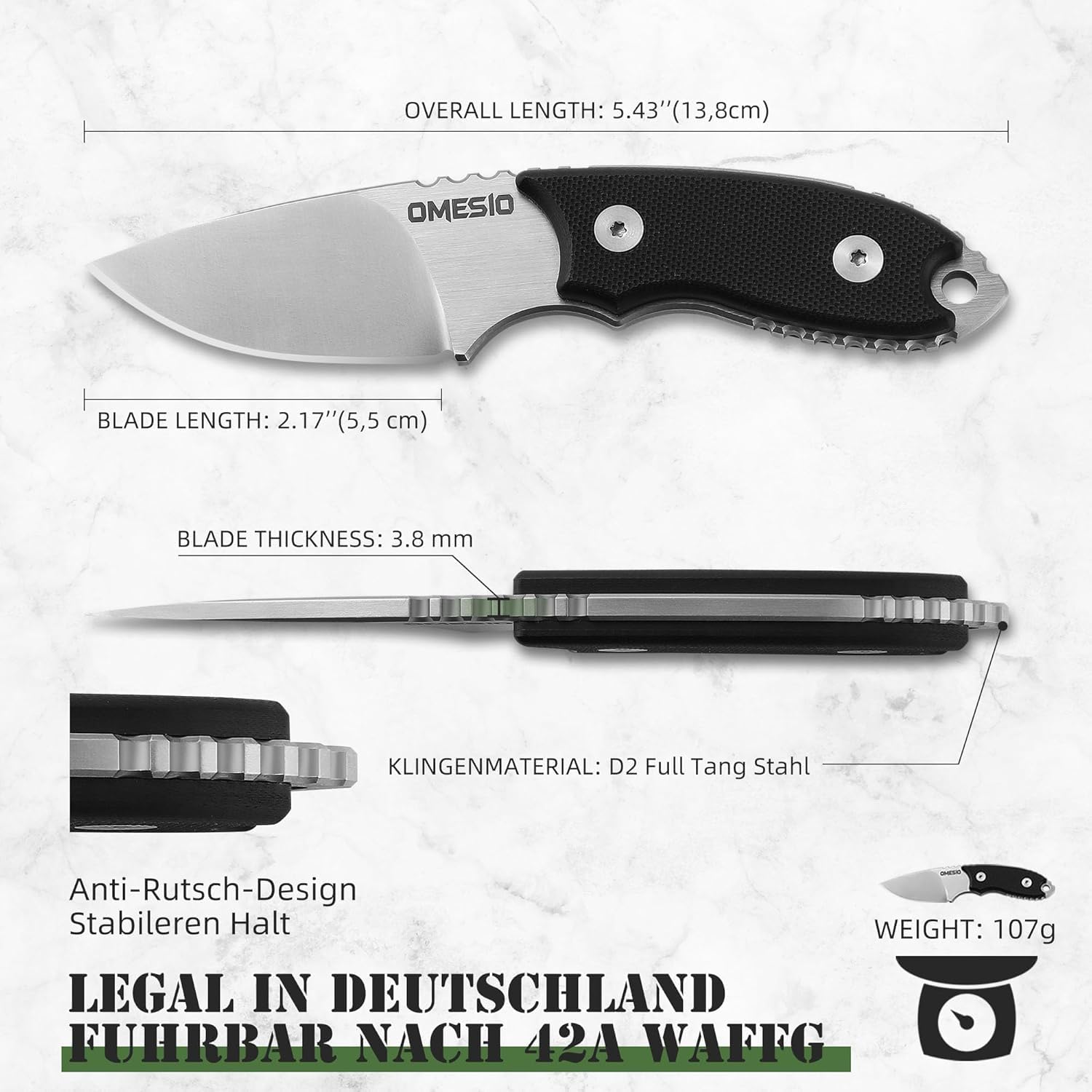 Omesio Neck Knife, 5.43" Neck Knife with Sheath and Necklace, Full Tang Small Fixed Blad Knife D2 Steel 2.17-Inch Blade G10 Handle for Outdoor, Survival, Camping, Tactical